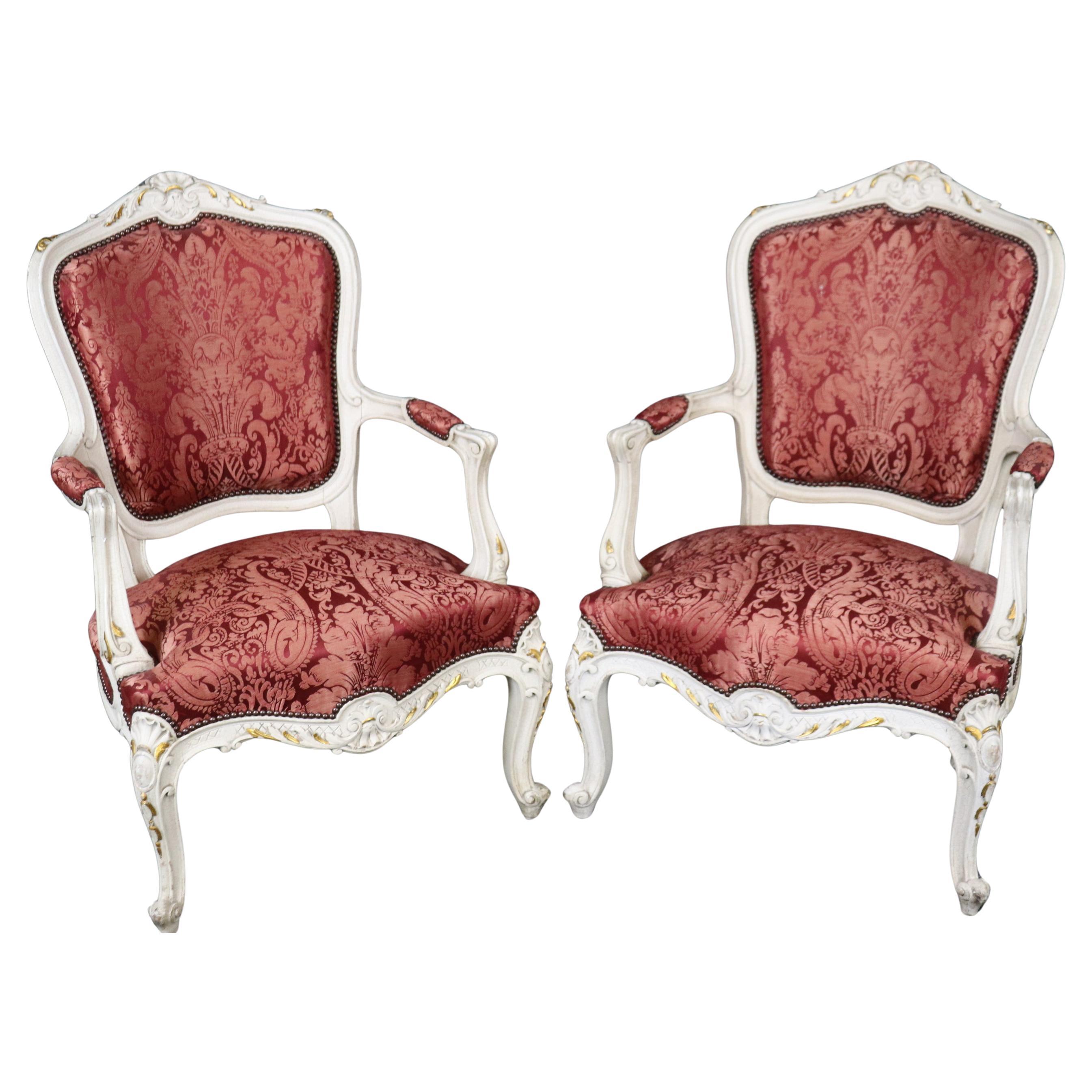 Louis XV style painted Armchairs with red silk Upholstery A Pair