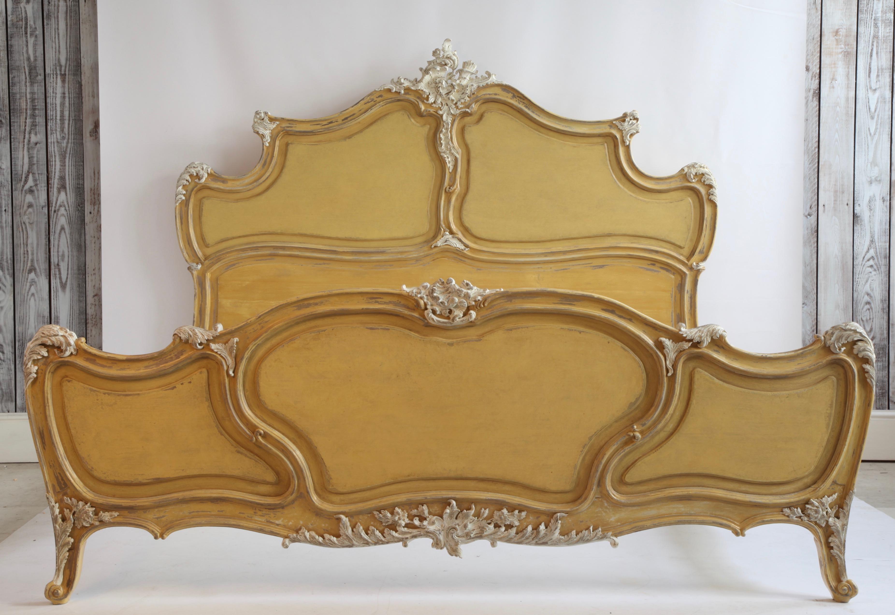 Hand-Carved Louis XV Style Painted Bed For Sale
