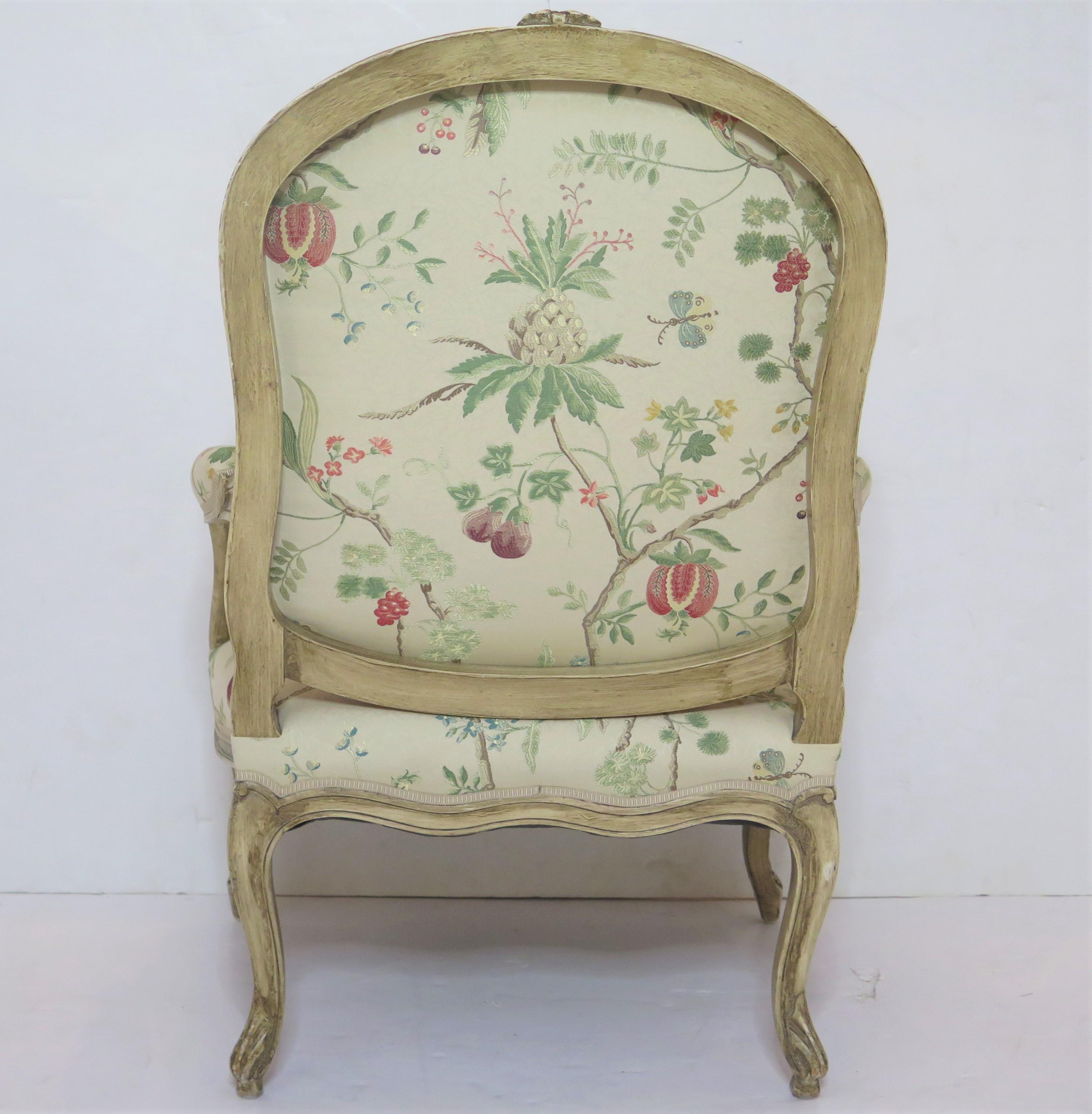 Hand-Painted Louis XV-Style Painted Fauteuil in La Perouse by Scalamandré For Sale