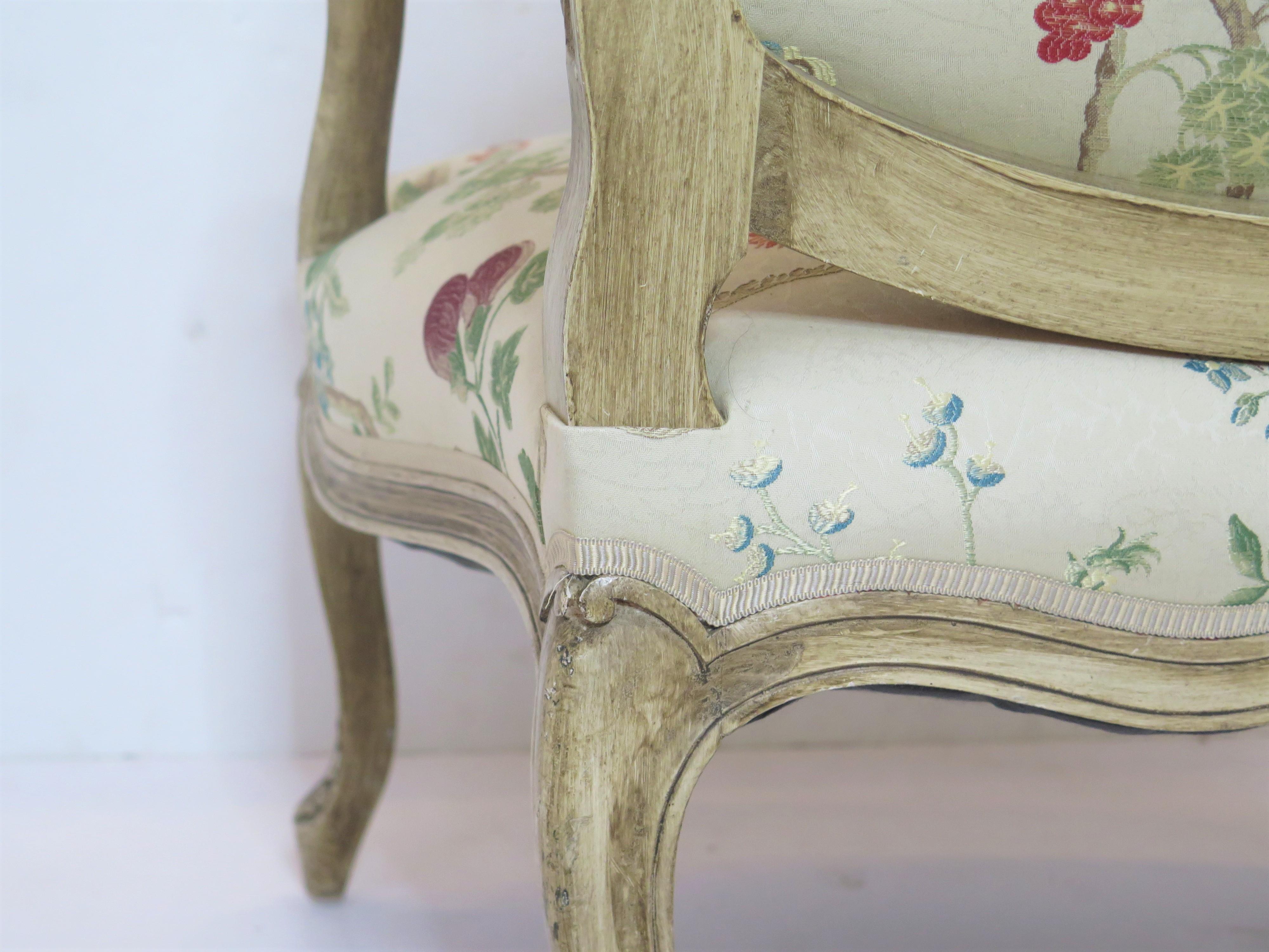 Wood Louis XV-Style Painted Fauteuil in La Perouse by Scalamandré For Sale