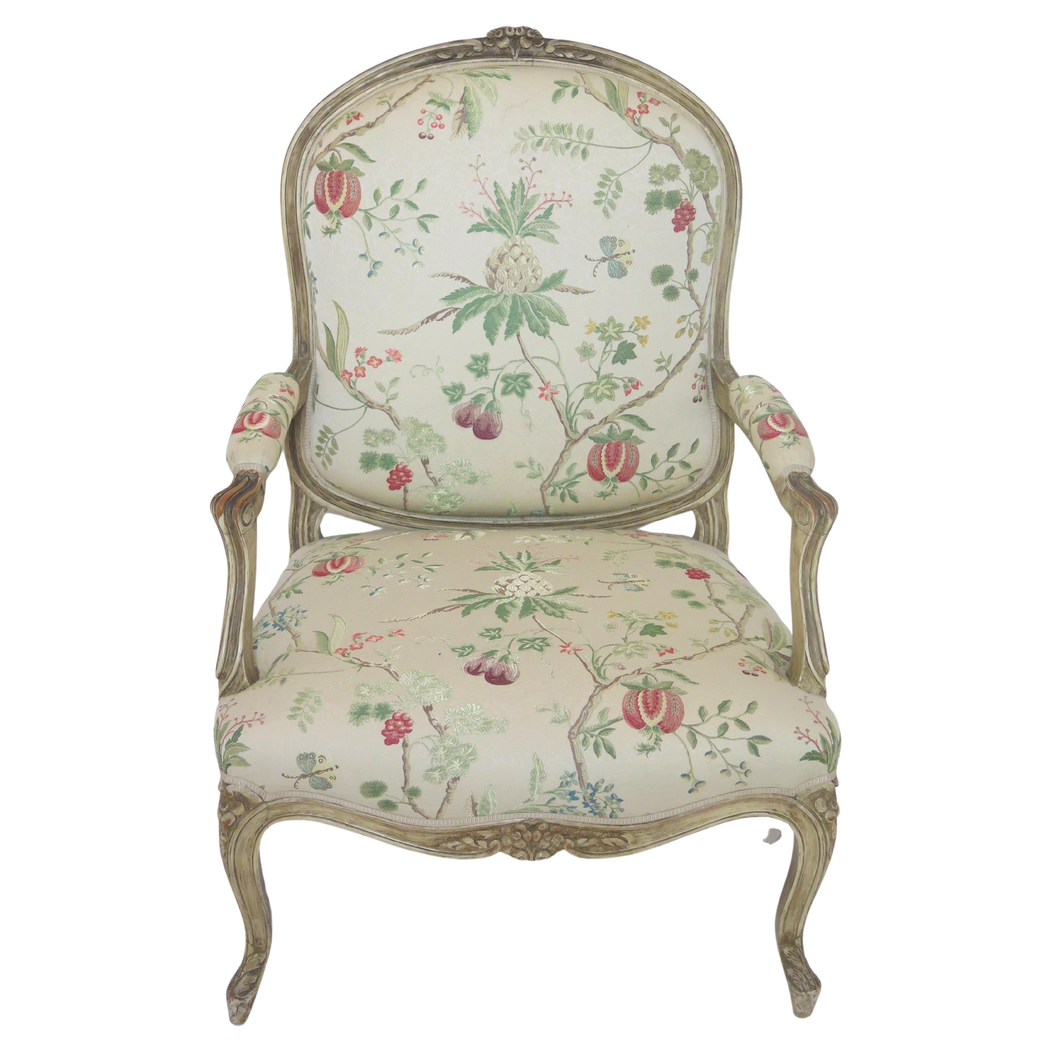 Louis XV-Style Painted Fauteuil in La Perouse by Scalamandré For Sale