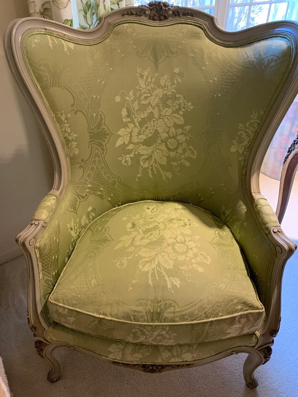 Louis XV Style Painted Gilt Beechwood and Upholstered Bergère Chair In Excellent Condition In Hopewell, NJ