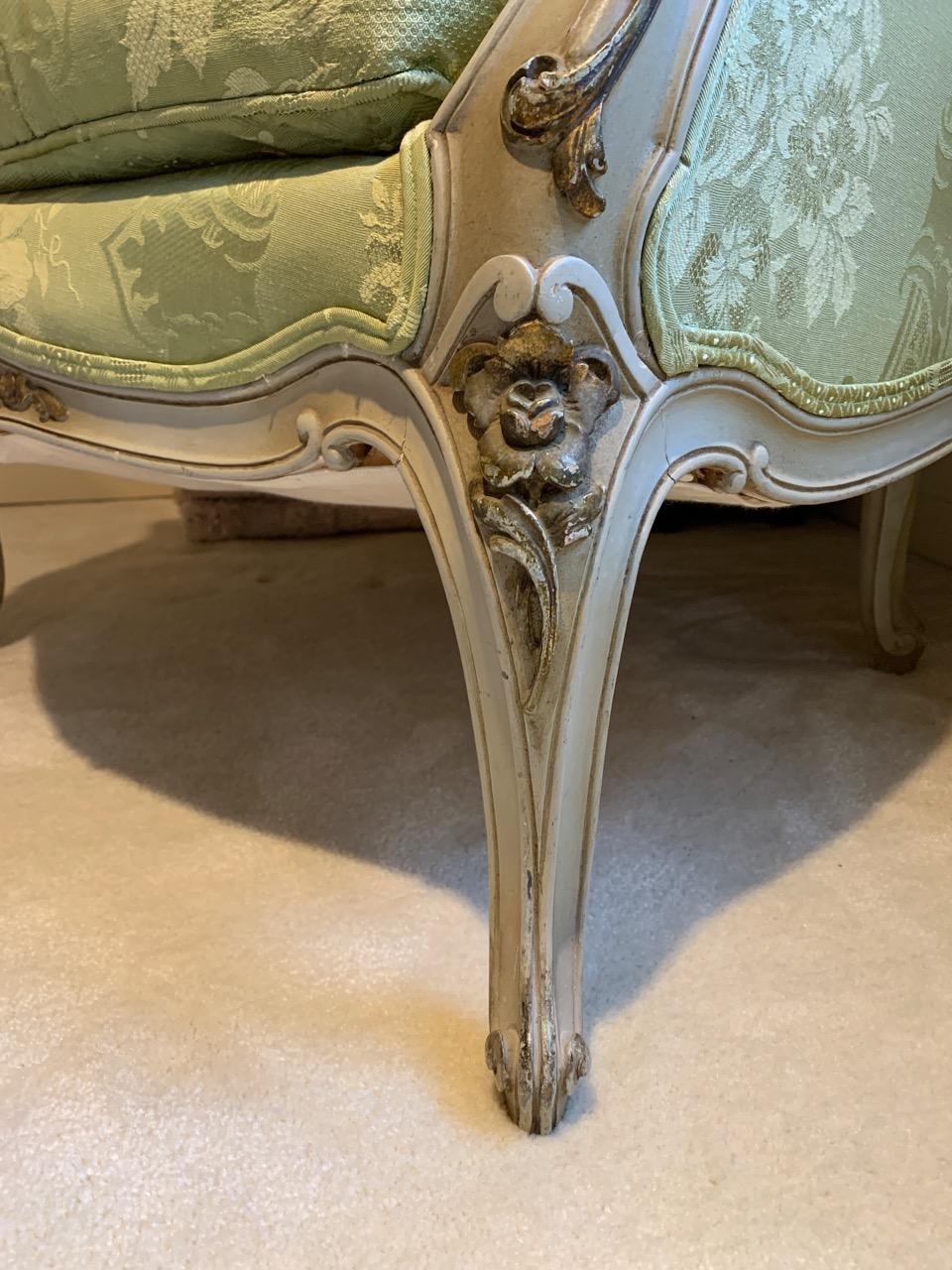 Louis XV Style Painted Gilt Beechwood and Upholstered Bergère Chair 3