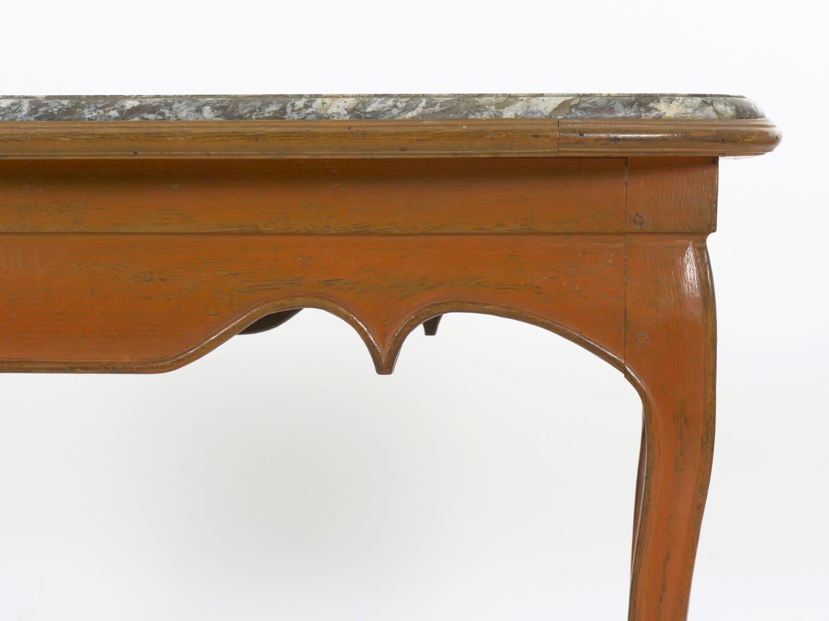 LOUIS XV STYLE PAINTED CONSOLE TABLE WITH GRAY MARBLE TOP
Continental, circa mid-to-late 19th century
Item # 906KJG05 

A piece full of movement and drama, this attractive provincial console table is a simple piece with sturdy and practical