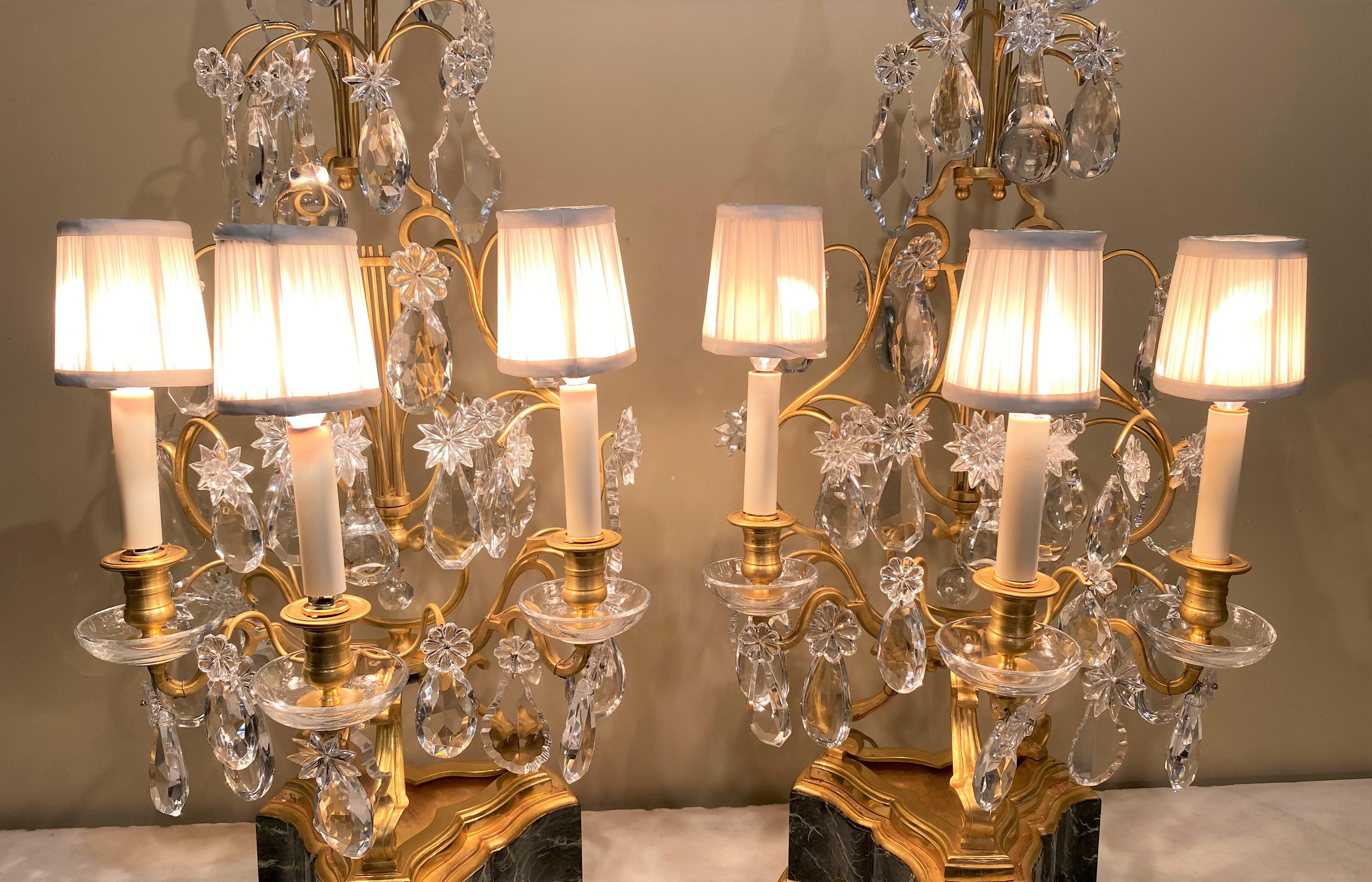 European Louis XV Style Painted & Parcel Gilt 3 Light Garnitures with Cut Crystal Prisms For Sale