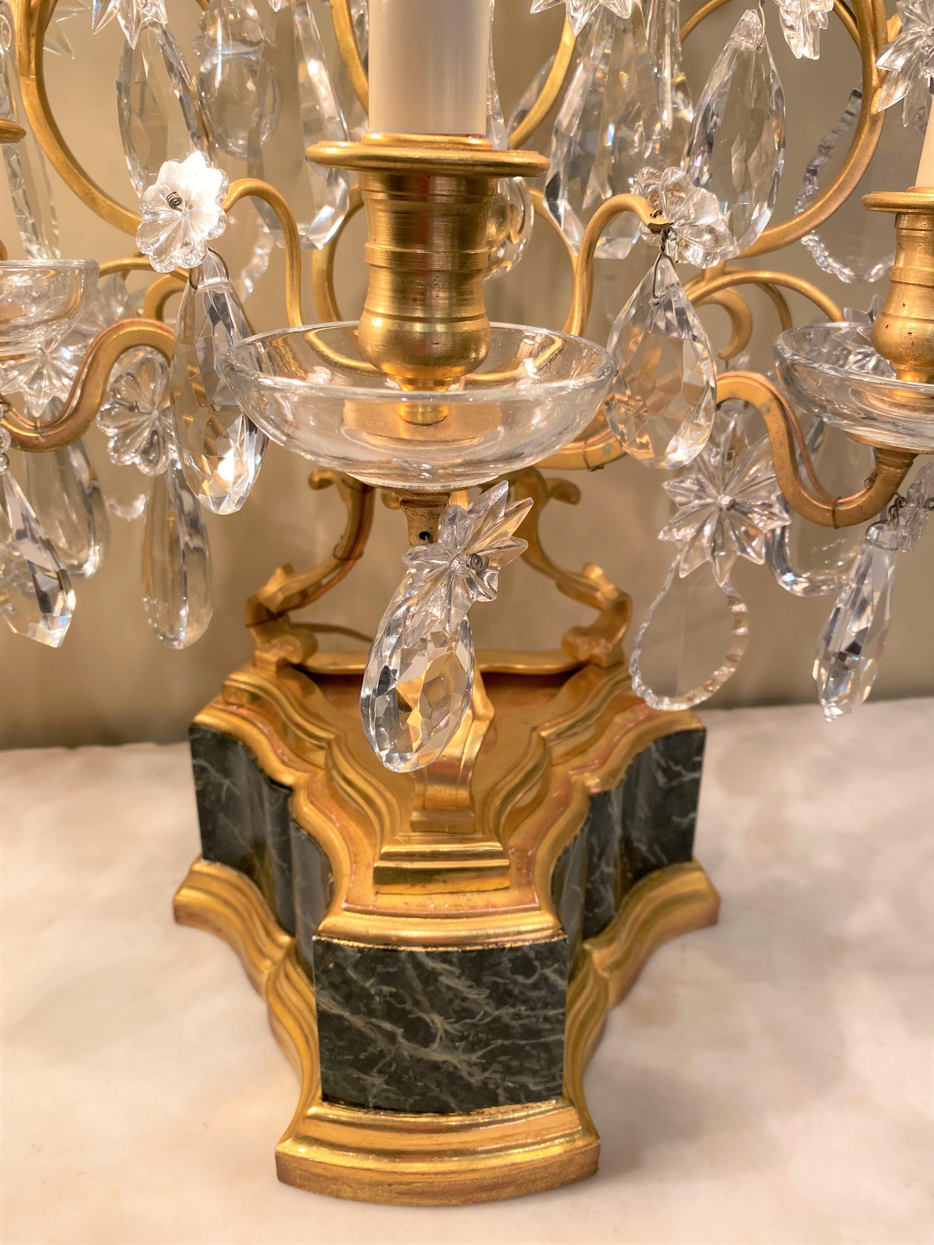 20th Century Louis XV Style Painted & Parcel Gilt 3 Light Garnitures with Cut Crystal Prisms For Sale