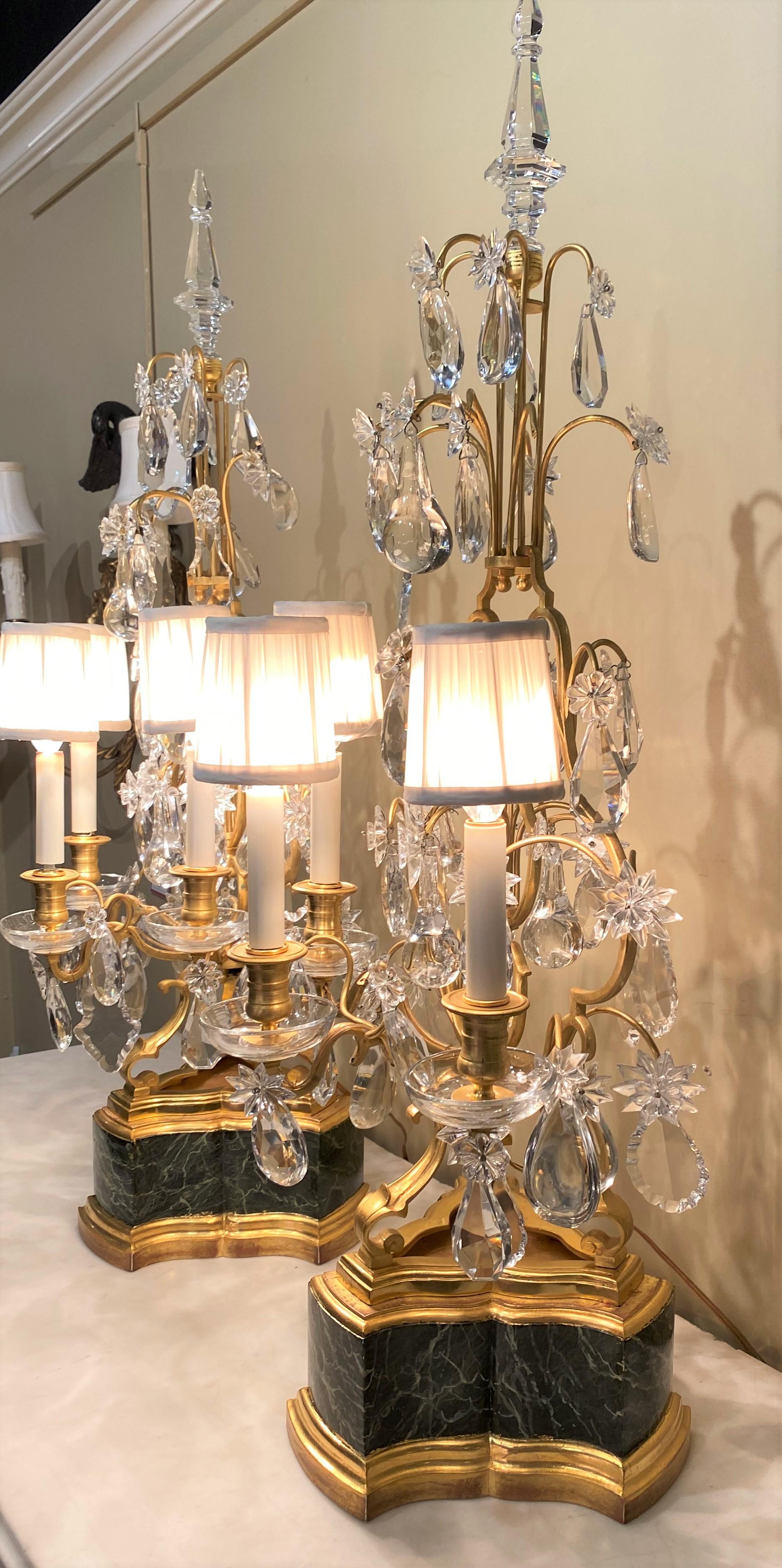 Louis XV Style Painted & Parcel Gilt 3 Light Garnitures with Cut Crystal Prisms For Sale 1