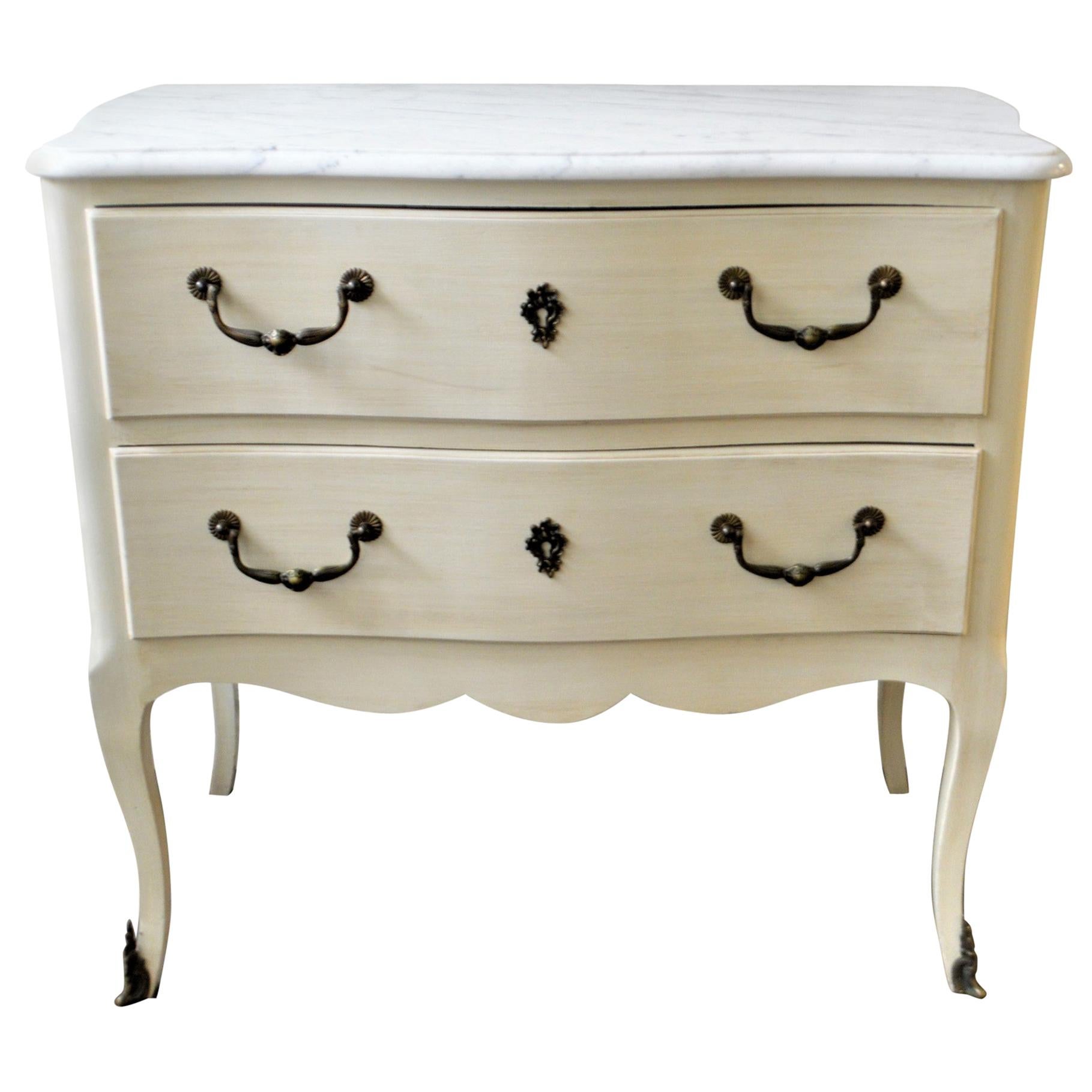Louis XV Style Painted Petite Commode with Carrara Marble Top For Sale
