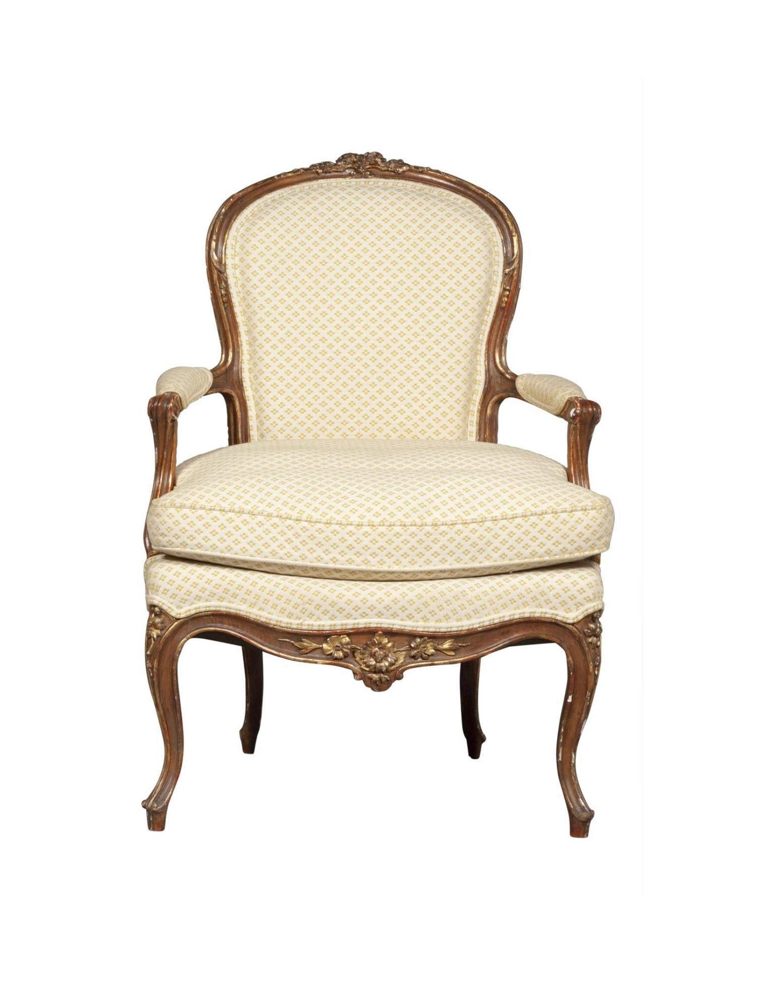 Mid-19th Century Louis XV Style Pair 19th Century French Bergères Armchairs For Sale