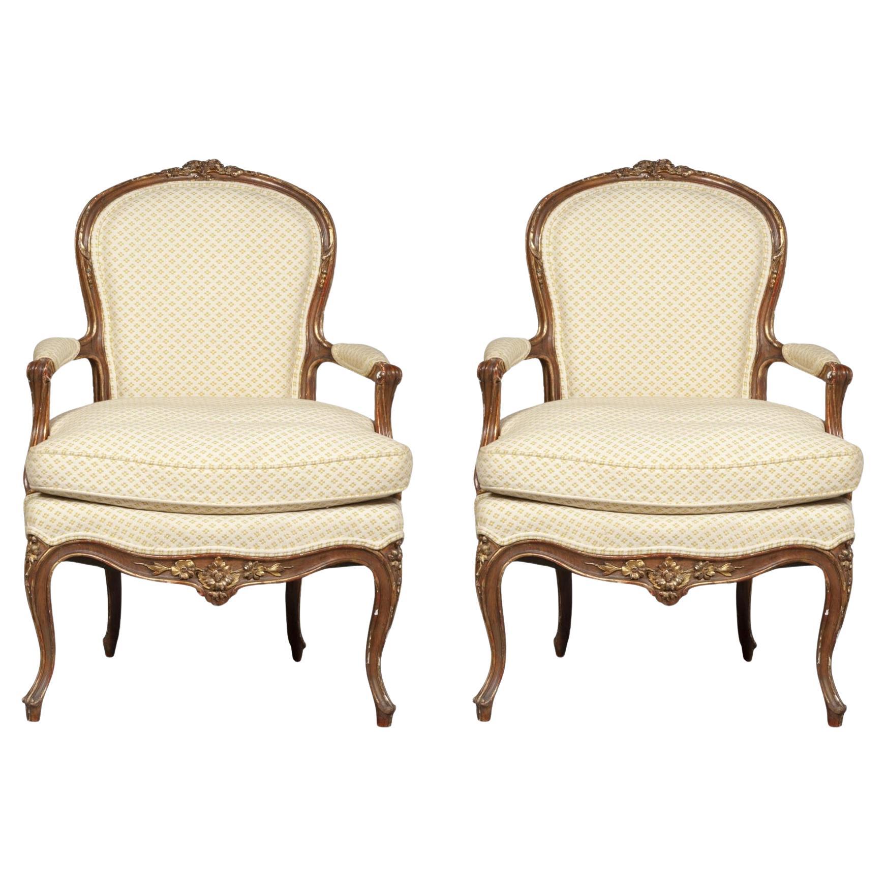 Louis XV Style Pair 19th Century French Bergères Armchairs For Sale