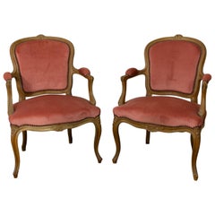 Louis XV Style Pair of Cabriolet Armachair with Pink Velvet, 19th Century