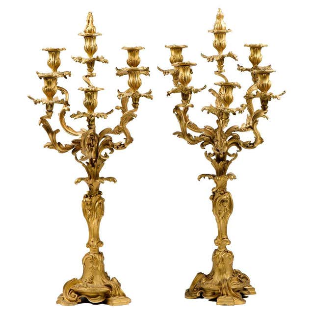 European Rococo Chair Pair of Gilt Bronze and Brass Rococo Five-Light Candelabra with Putti ...