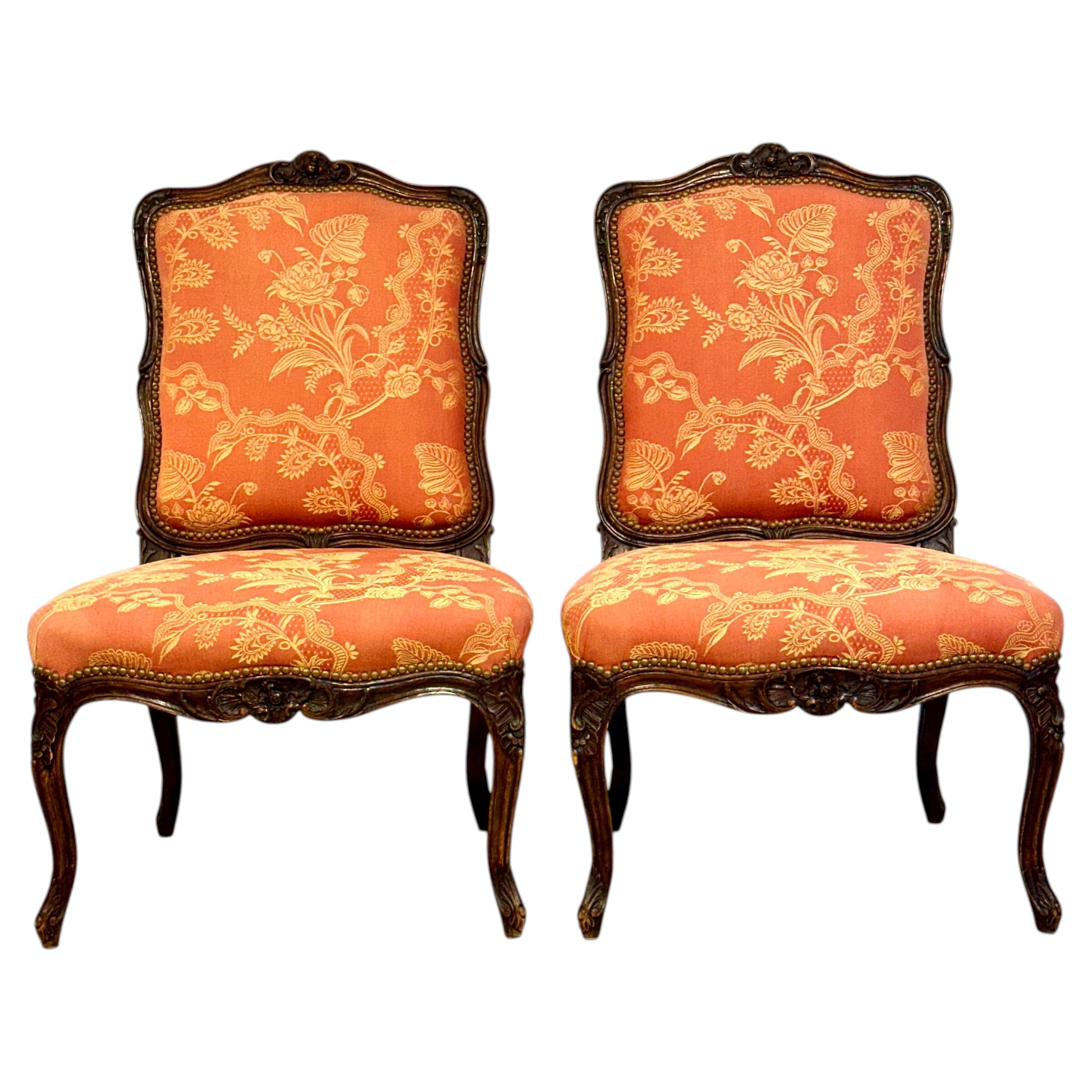 Louis XV Style Pair of Carved Walnut Side Chairs, France c.1880