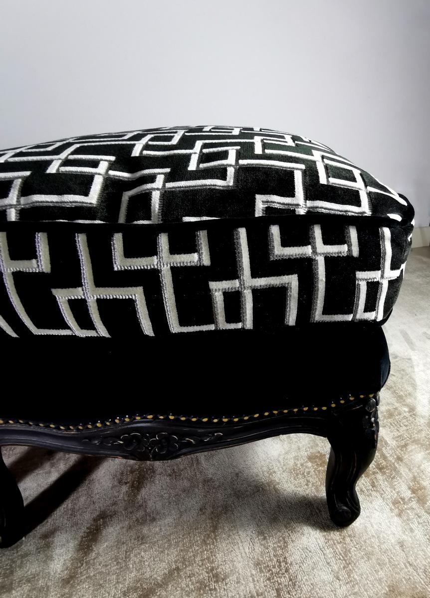 Louis XV Style Pair of French Poufs in Black Lacquered Wood 6