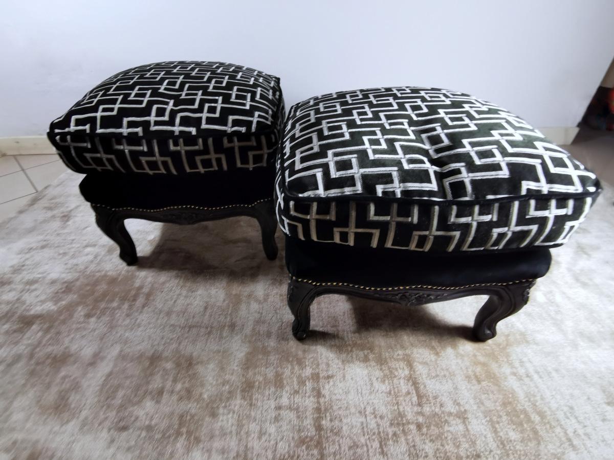 20th Century Louis XV Style Pair of French Poufs in Black Lacquered Wood