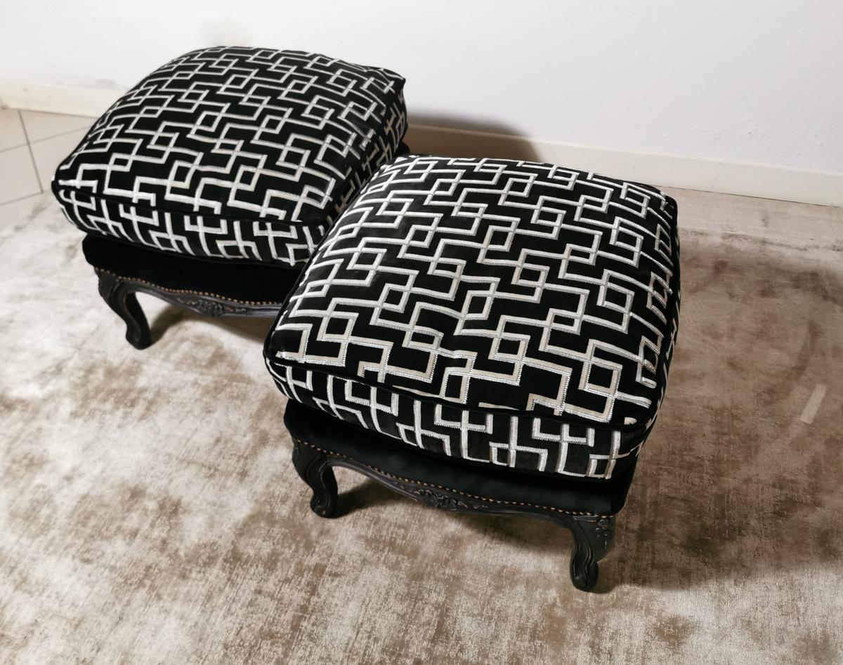 Velvet Louis XV Style Pair of French Poufs in Black Lacquered Wood