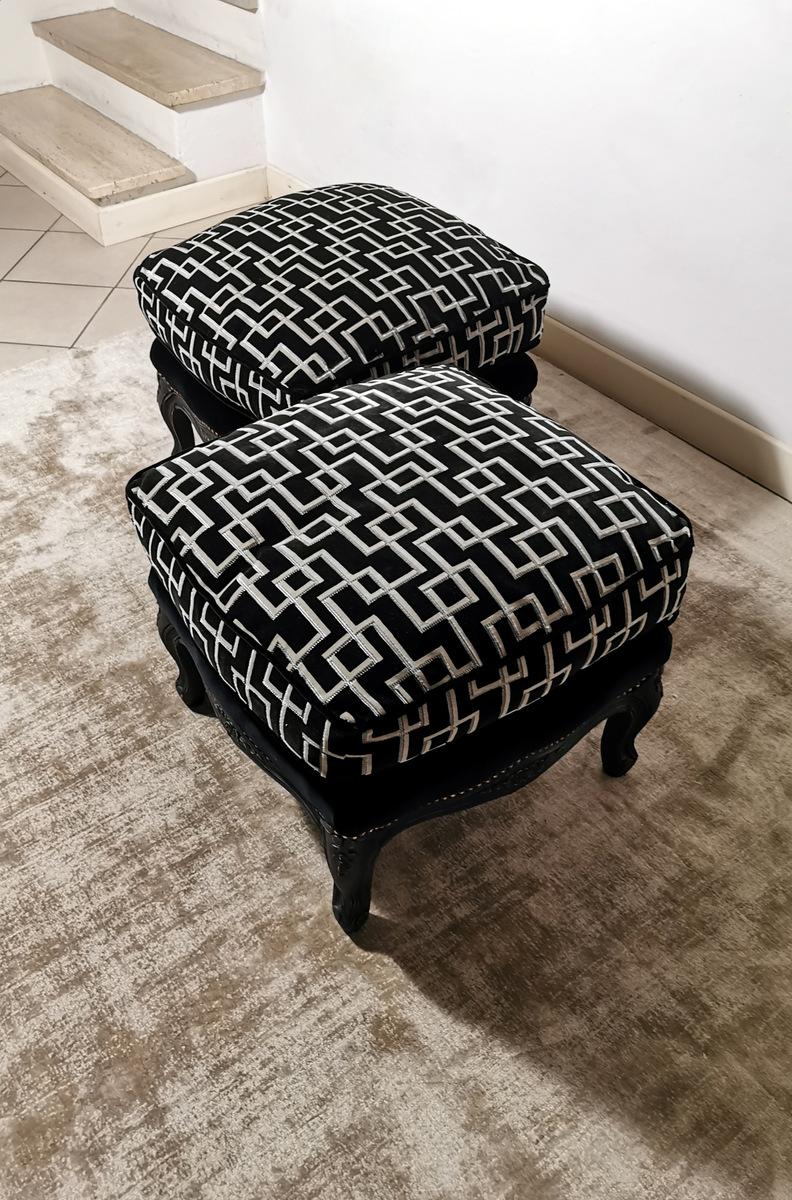 Louis XV Style Pair of French Poufs in Black Lacquered Wood 1