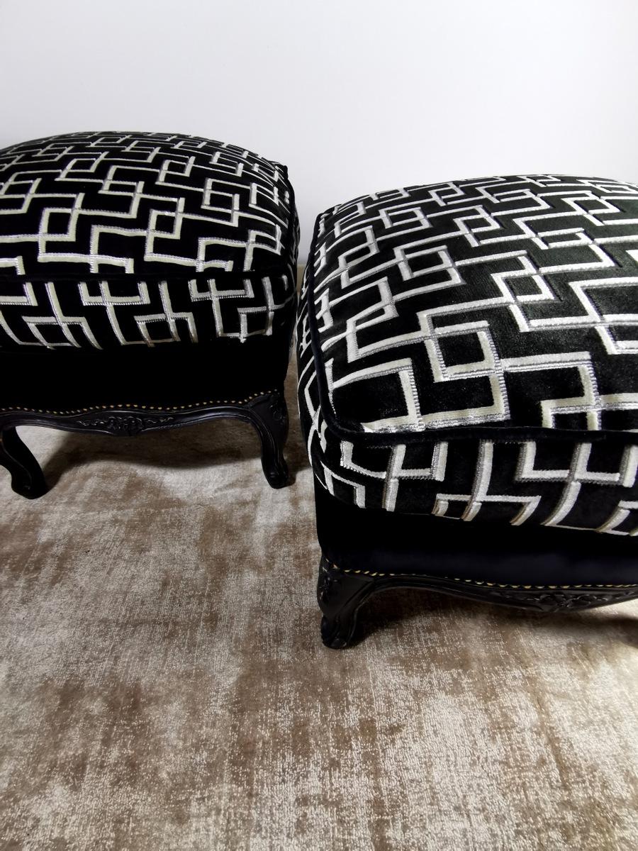Louis XV Style Pair of French Poufs in Black Lacquered Wood 3
