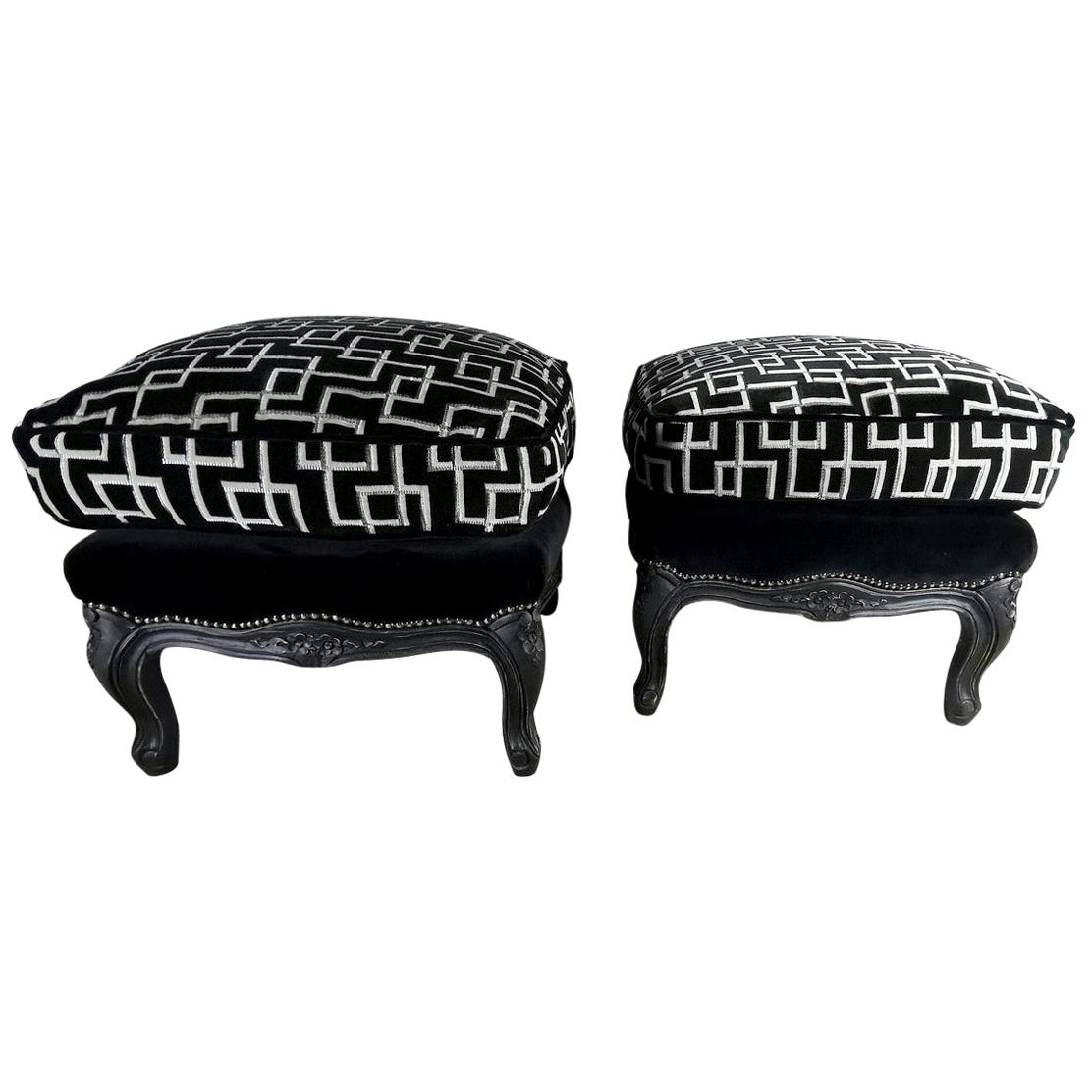 Louis XV Style Pair of French Poufs in Black Lacquered Wood