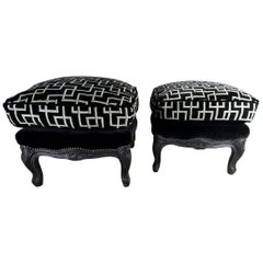 Antique Louis XV Style Pair of French Poufs in Black Lacquered Wood