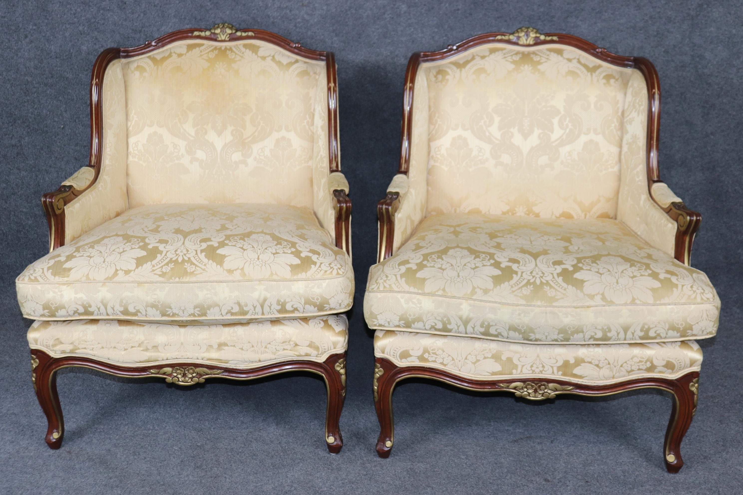 Louis XV Style pair of French Upholstered Bergère's Chairs In Good Condition In Swedesboro, NJ