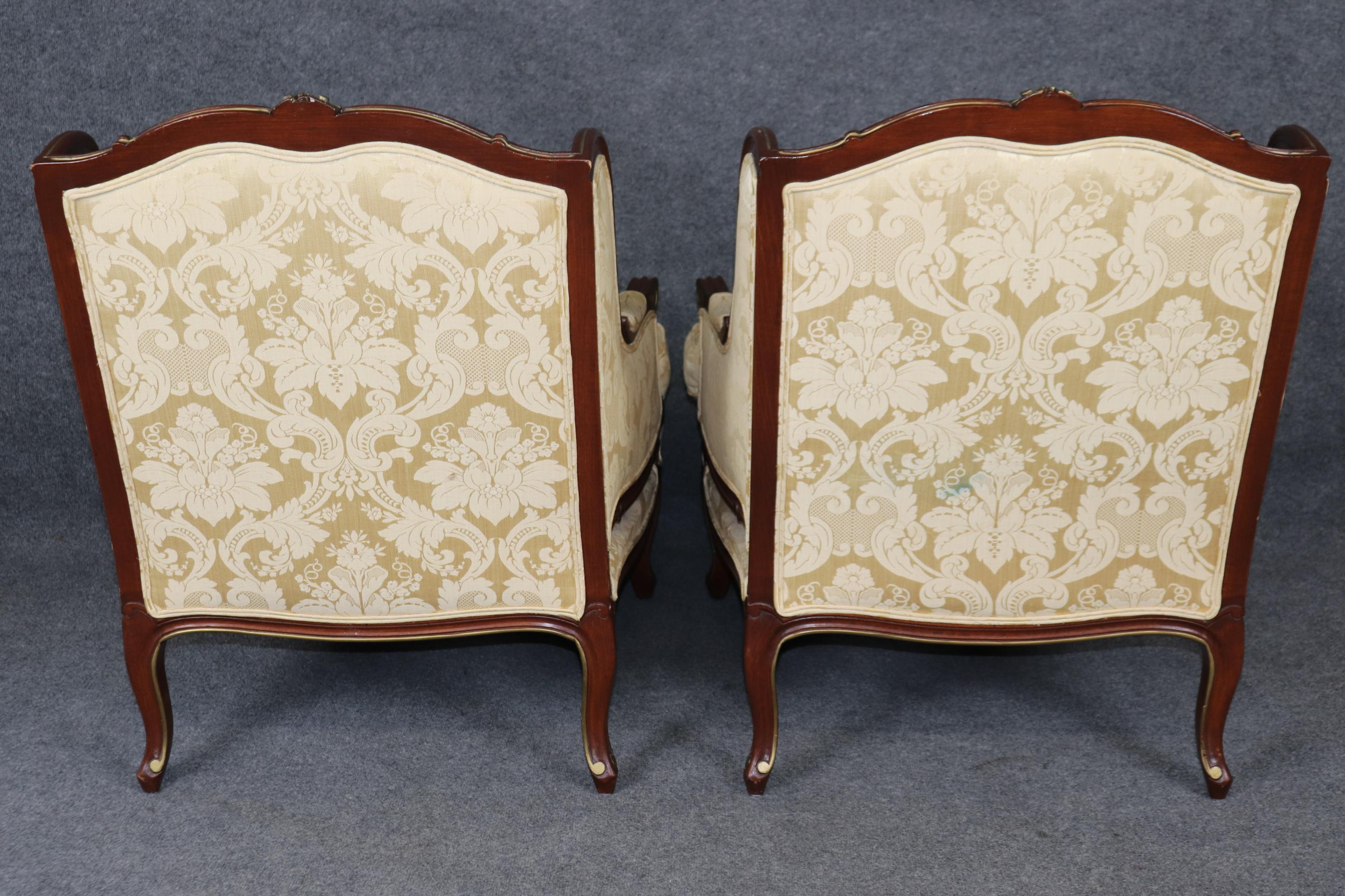 Walnut Louis XV Style pair of French Upholstered Bergère's Chairs
