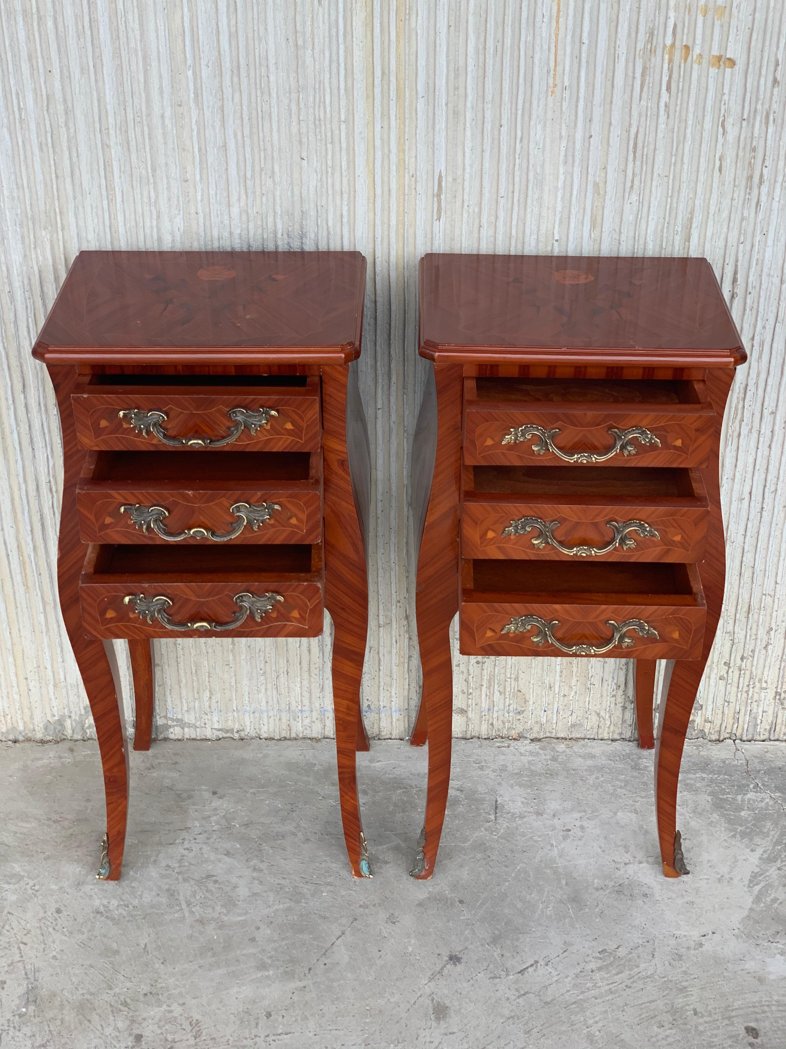 Louis XV Style Pair of Marquetry Nightstands with Three Drawers & Cabriole Legs 2