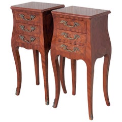 Louis XV Style Pair of Marquetry Nightstands with Three Drawers & Cabriole Legs