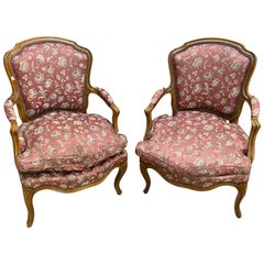 Louis XV Style Pair of Pink Satin Armchairs