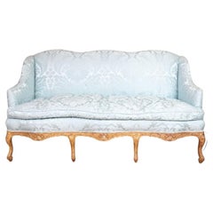 Retro Louis XV Style Pale Blue Damask Sofa With Gilt Frame