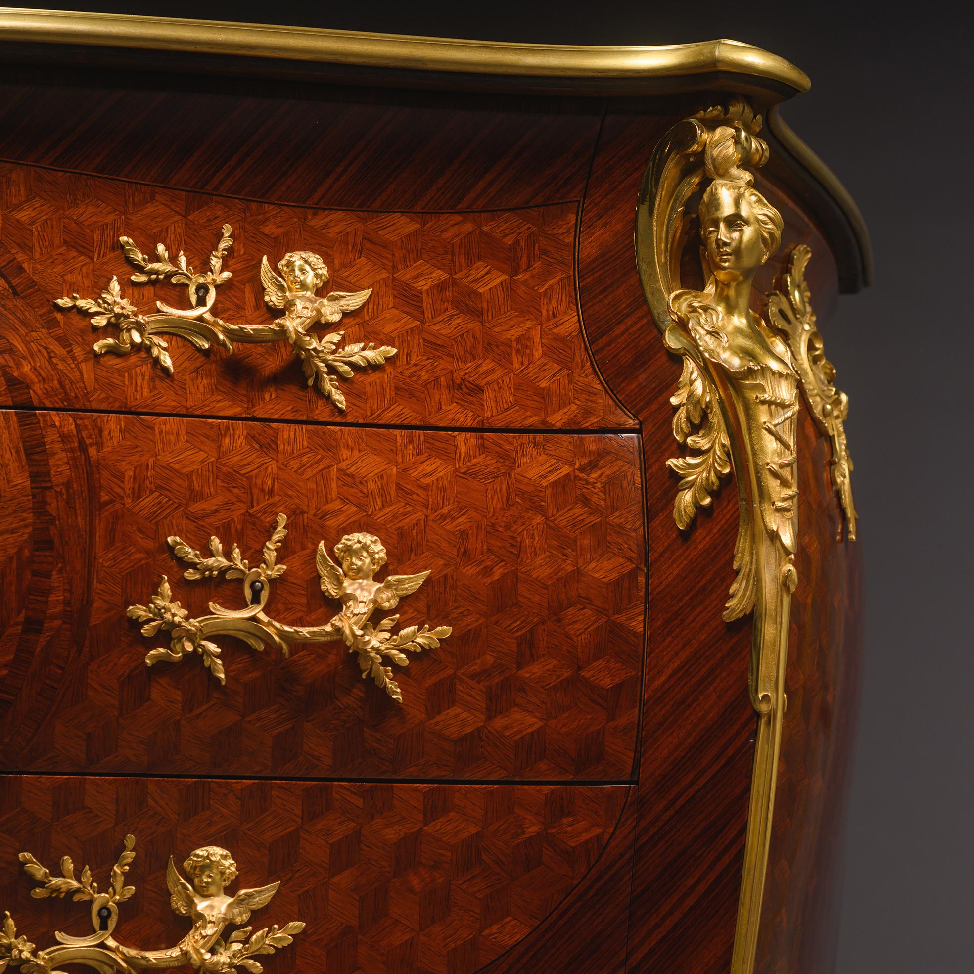 Louis XV Style Parquetry Bombé Commode by François Linke, Circa 1900 For Sale 4