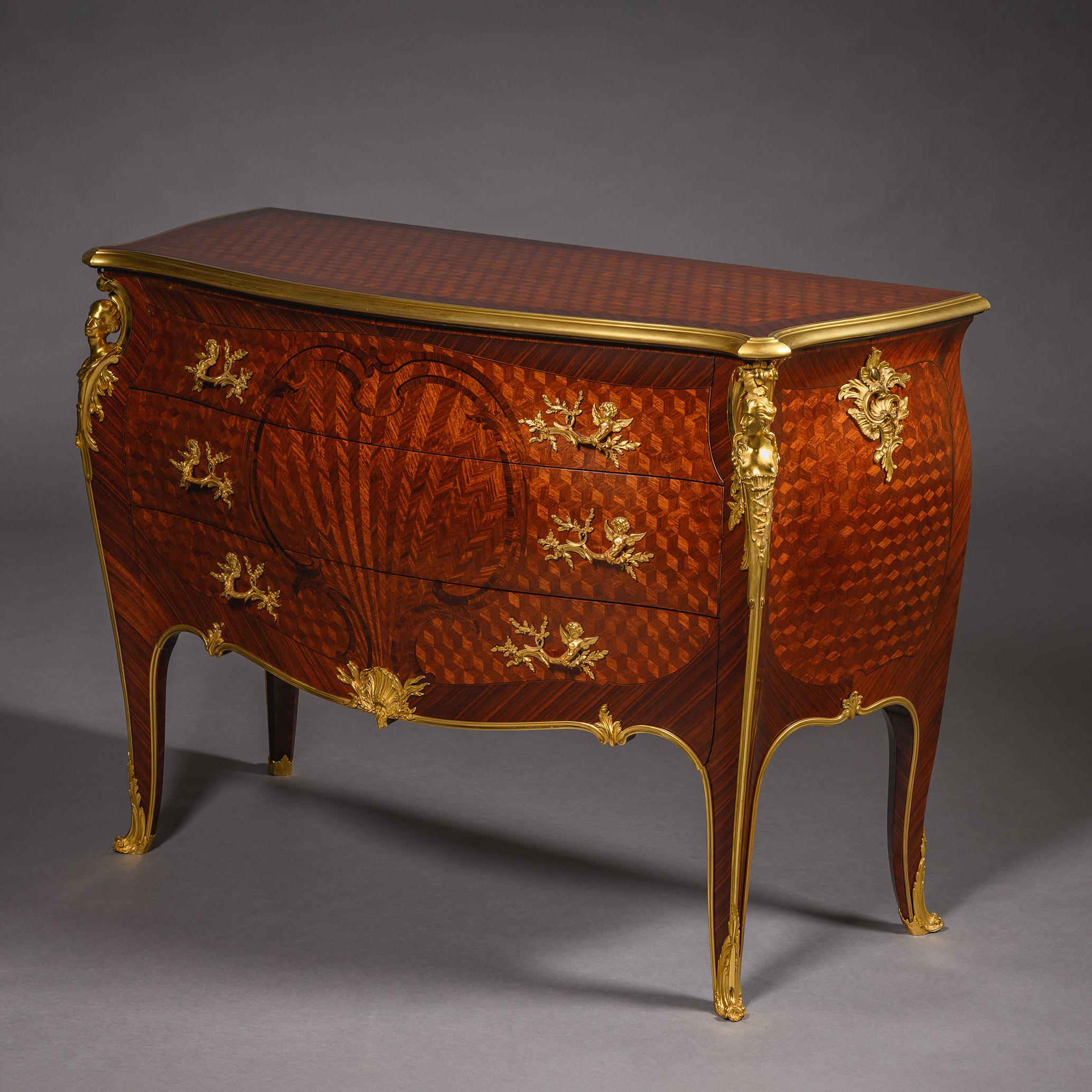 French Louis XV Style Parquetry Bombé Commode by François Linke, Circa 1900 For Sale