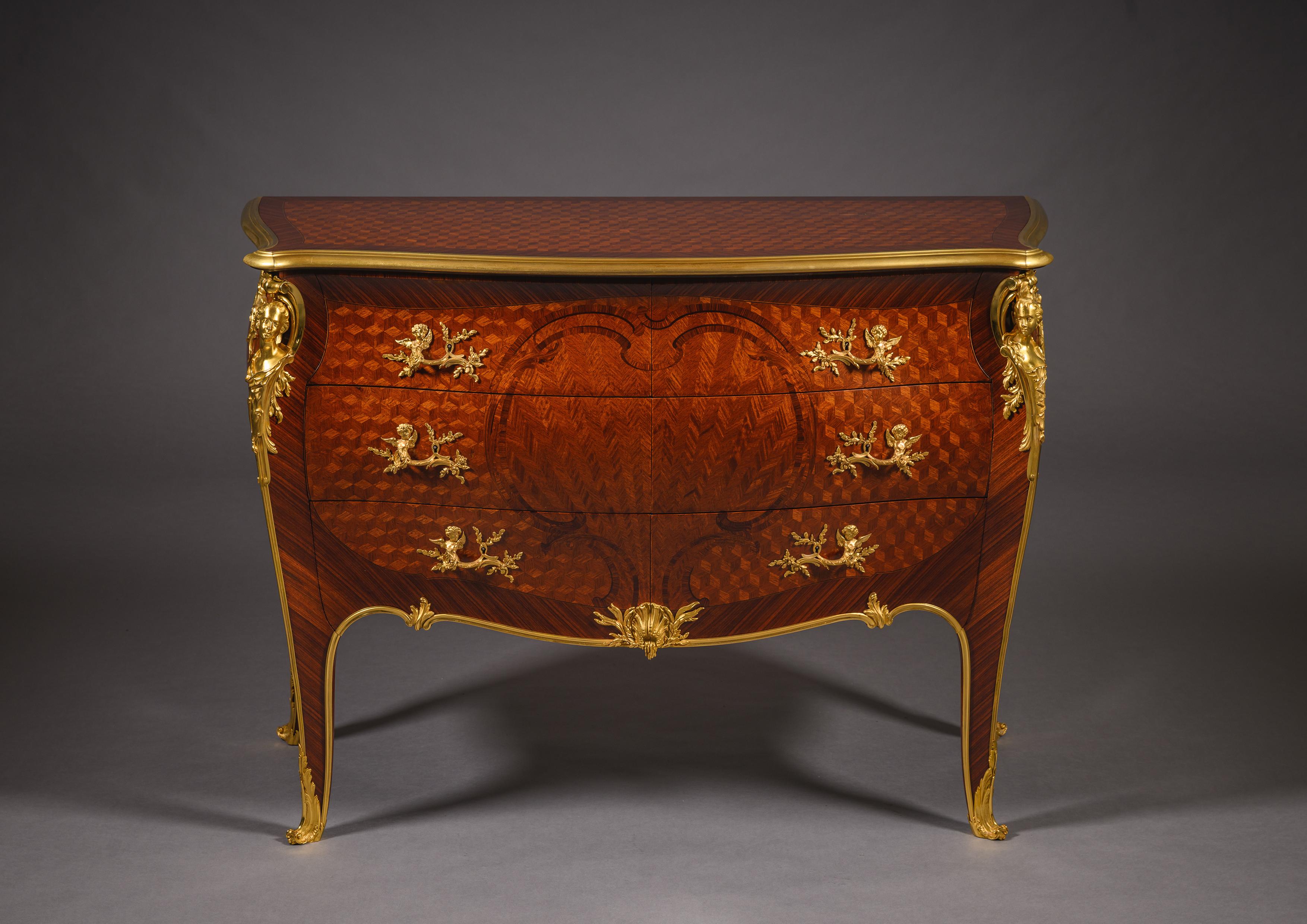 Louis XV Style Parquetry Bombé Commode by François Linke, Circa 1900 For Sale