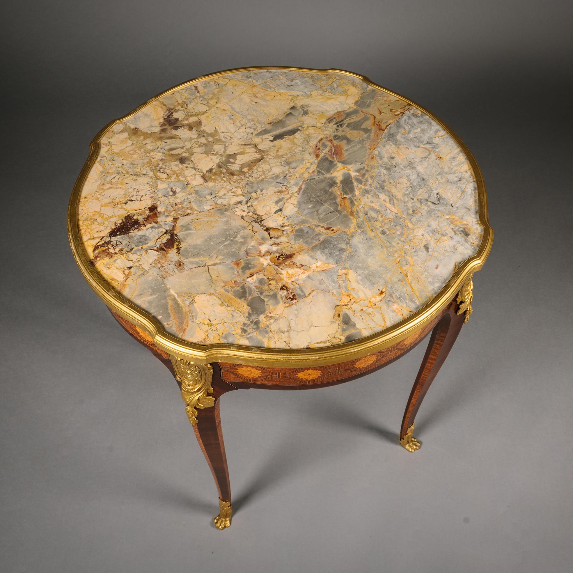 French  Louis XV Style Parquetry Occasional Table With A Sarrancolin Marble Top For Sale