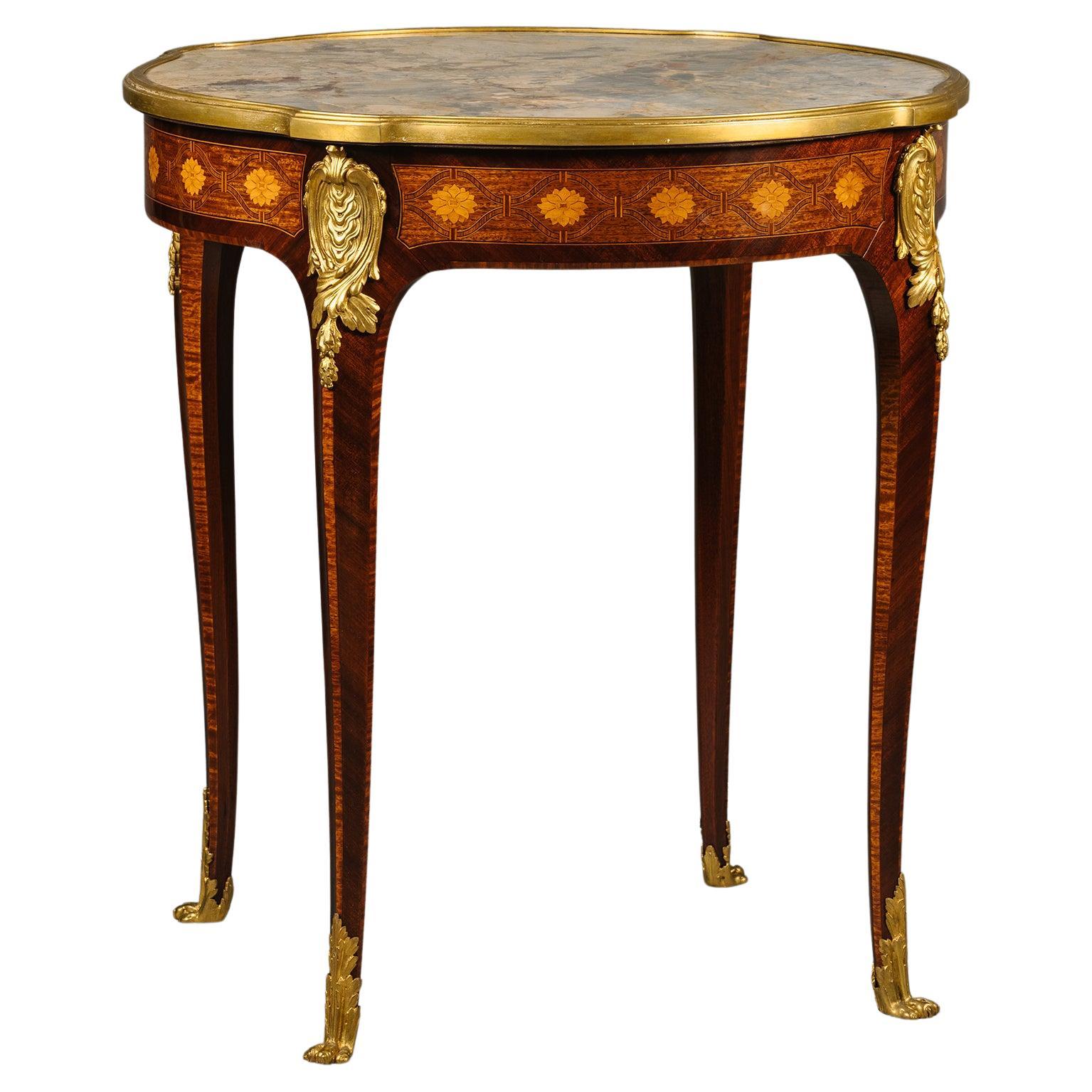  Louis XV Style Parquetry Occasional Table With A Sarrancolin Marble Top For Sale