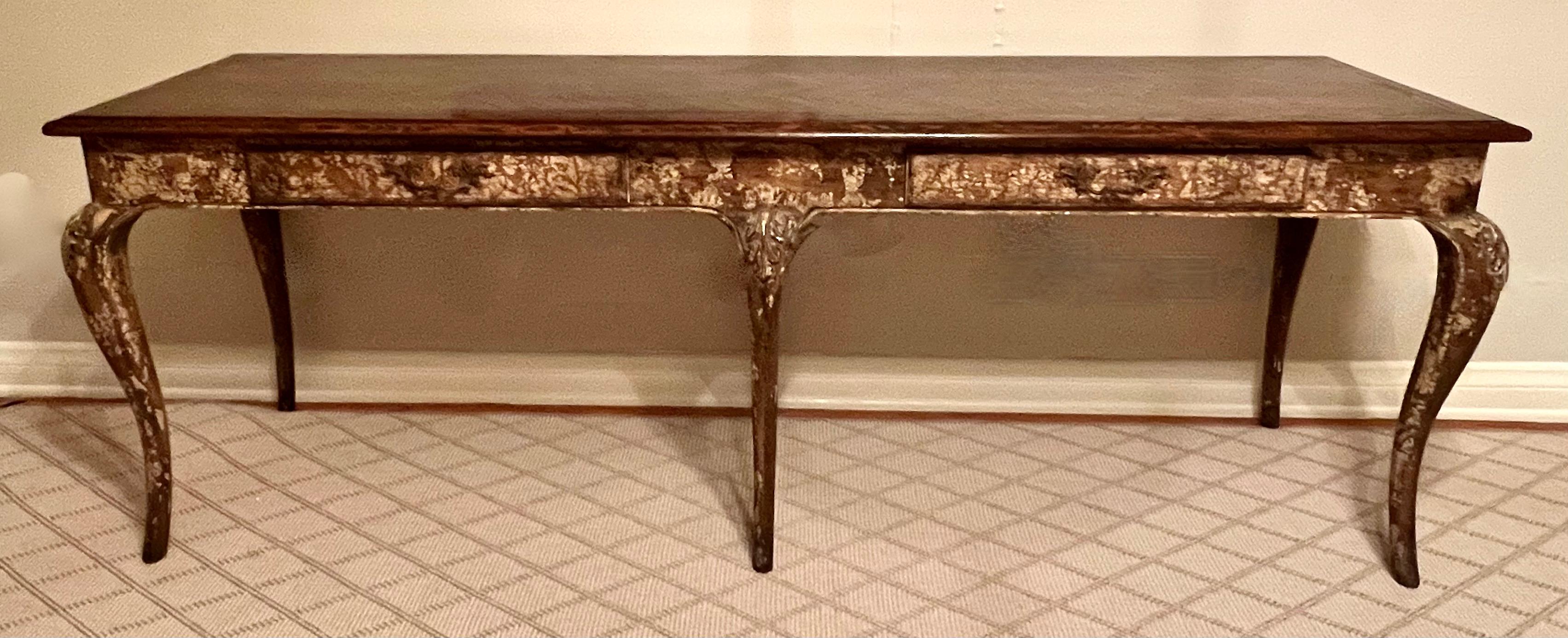 Parquetry Louis XV Style Patinated Console or Sofa Table Parquet Herringbone Top For Sale