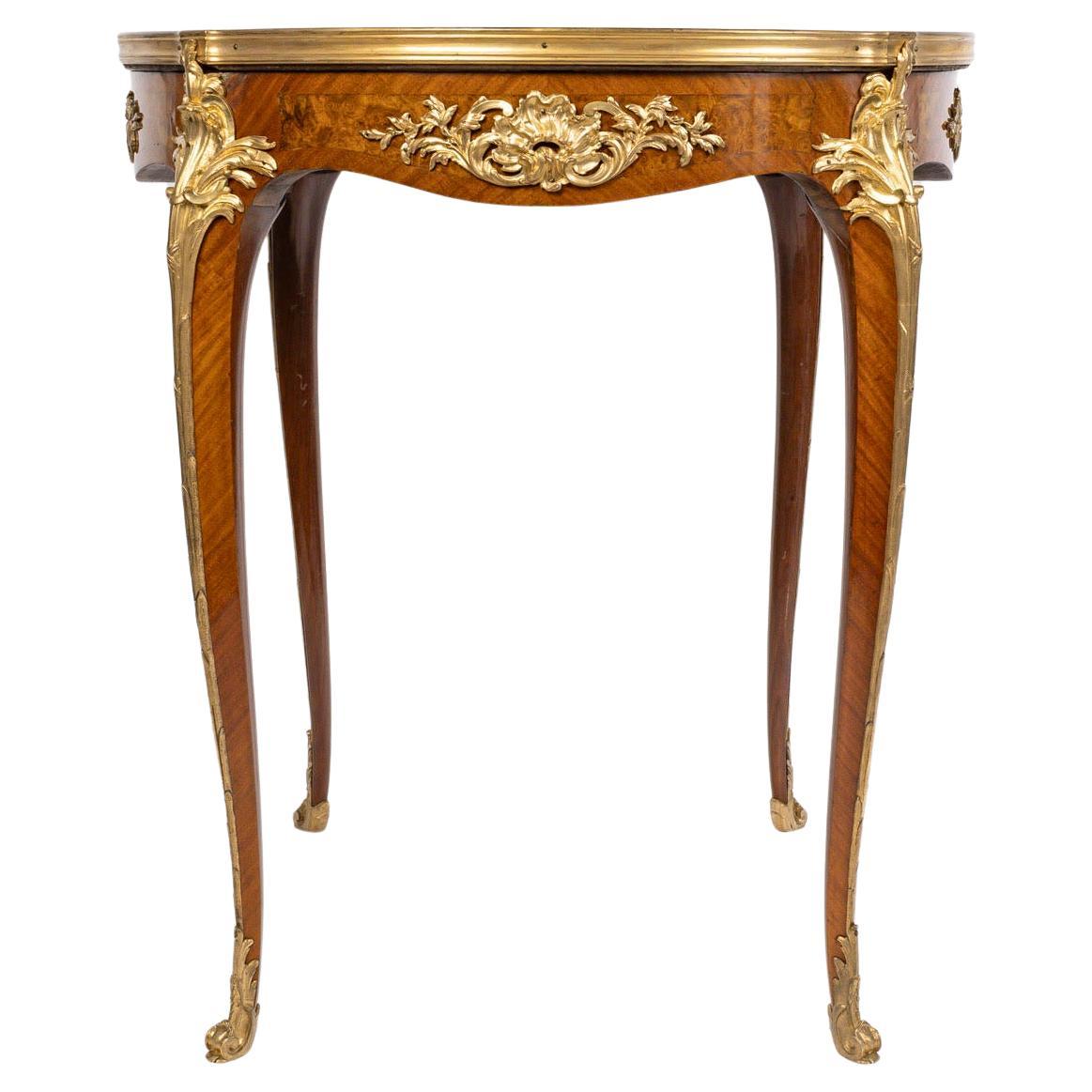 Louis XV Style Pedestal Table in Marquetry and Gilt Bronzes, 19th Century. For Sale