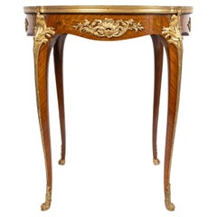 Louis XV Style Pedestal Table in Marquetry and Gilt Bronzes, 19th Century.