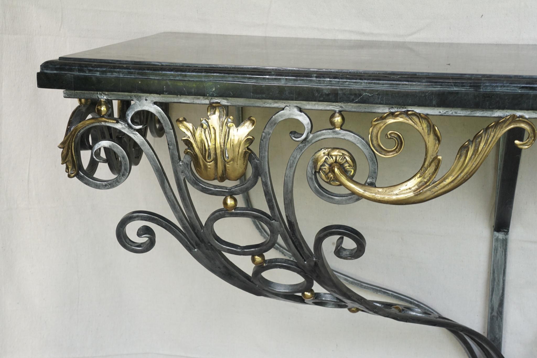 Cast Louis XV Style Polished Steel & Polished Bronze Marble Topped Console Table For Sale
