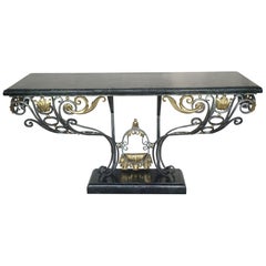 Retro Louis XV Style Polished Steel & Polished Bronze Marble Topped Console Table