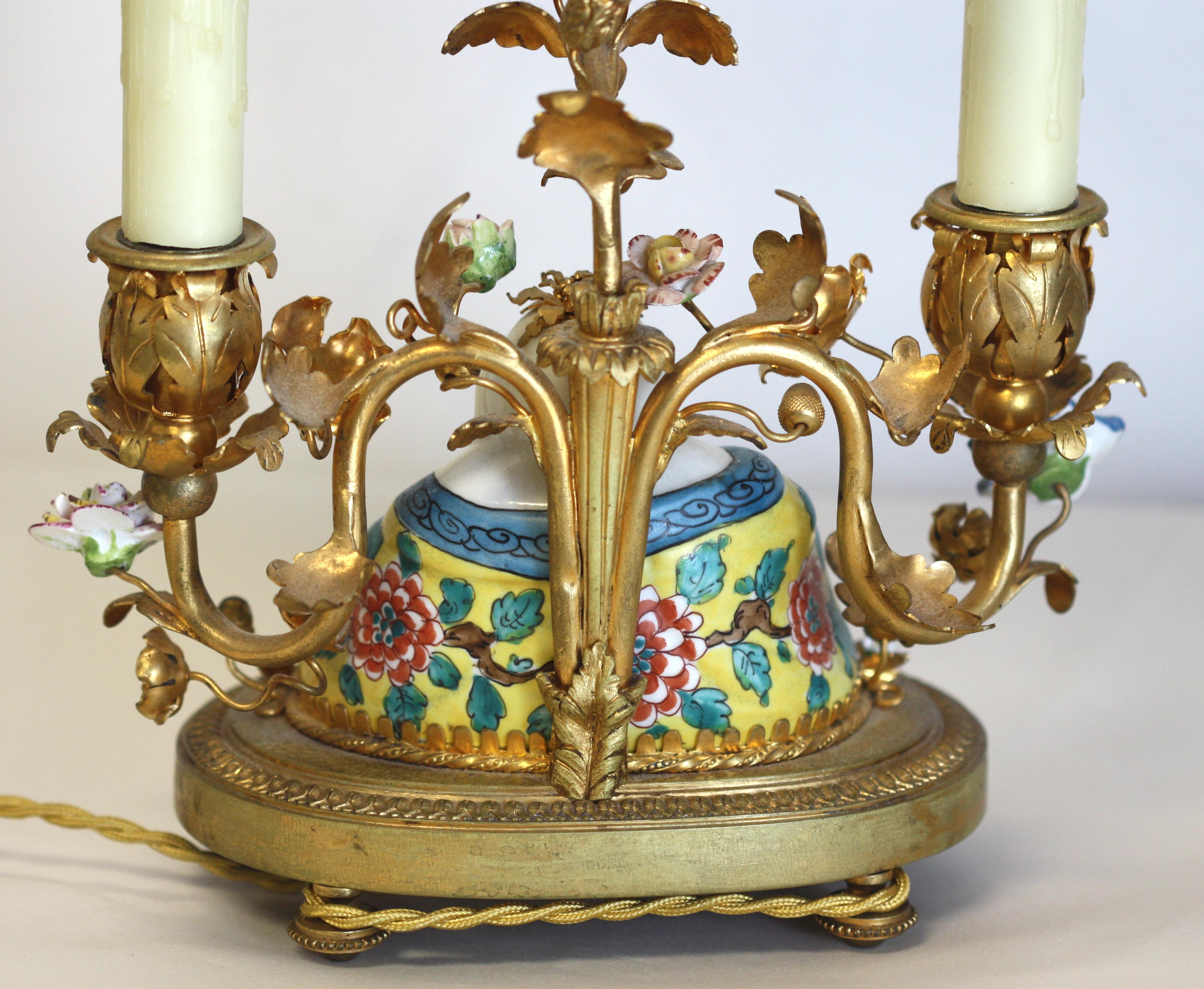  Louis XV Style Porcelain Mtd. Gilt Bronze Two-Light Lamp In Good Condition For Sale In West Palm Beach, FL