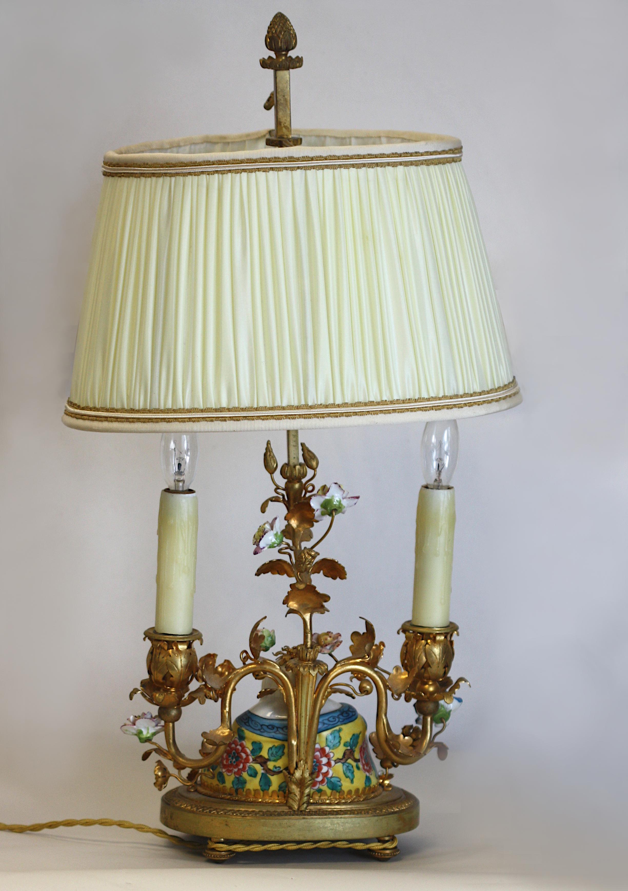 20th Century  Louis XV Style Porcelain Mtd. Gilt Bronze Two-Light Lamp For Sale
