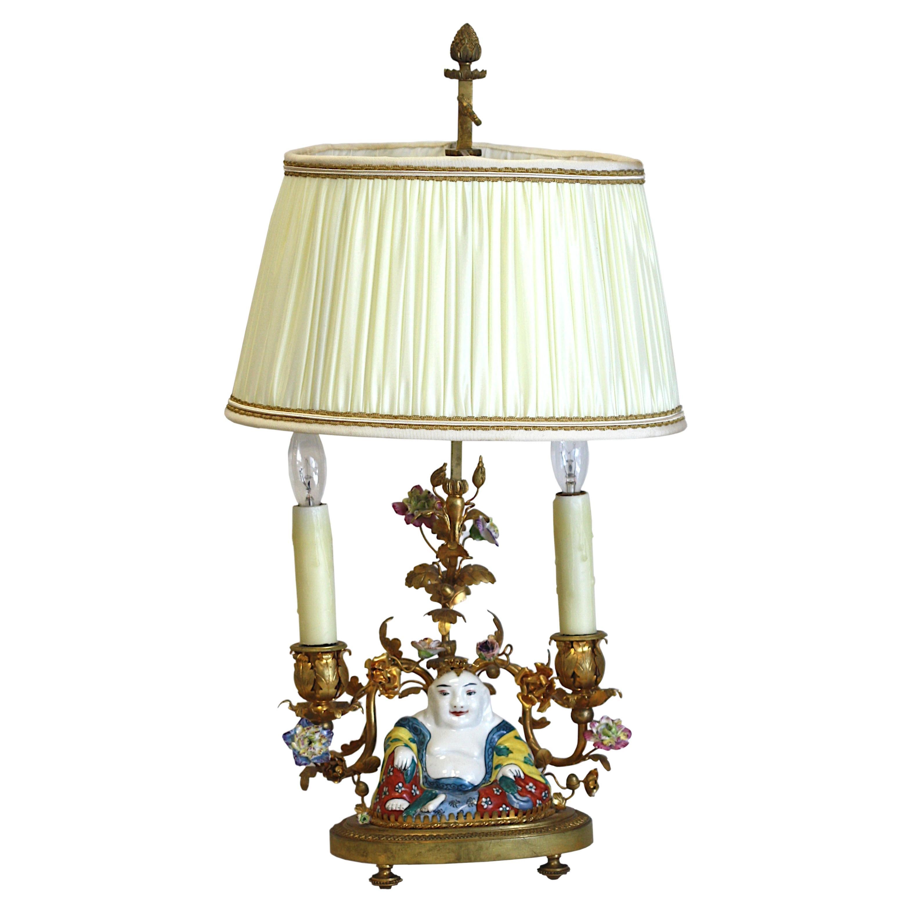  Louis XV Style Porcelain Mtd. Gilt Bronze Two-Light Lamp For Sale