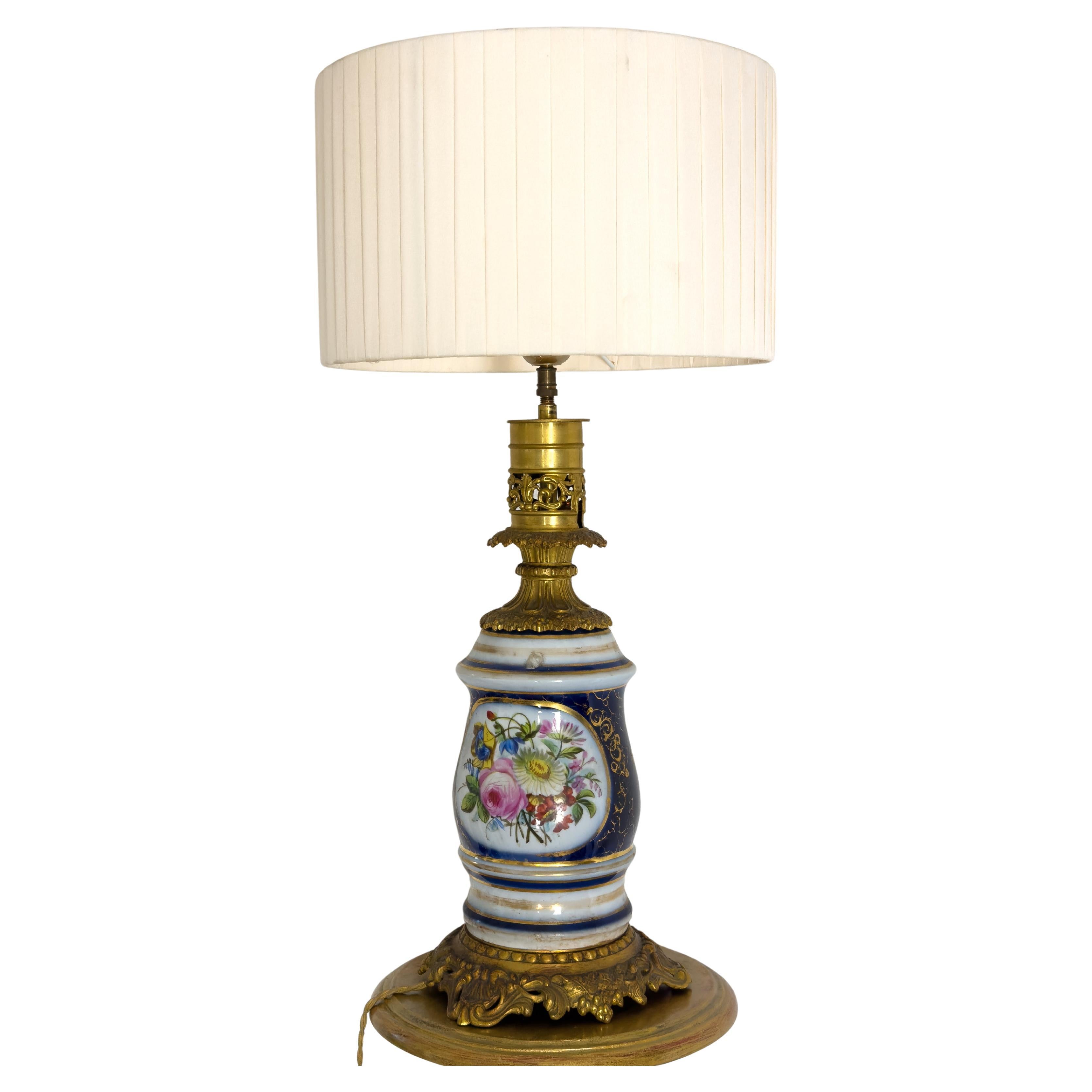 Louis XV Style Porcelain Table Lamp, Gilded Bronze, Antique, 1890