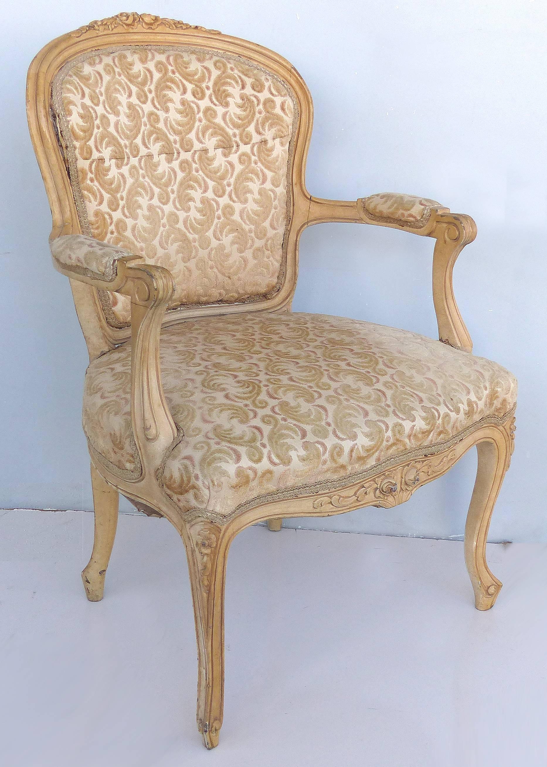 19th Century Louis XV Style Provincial Fauteuil Armchairs with Velvet Upholstery, Pair