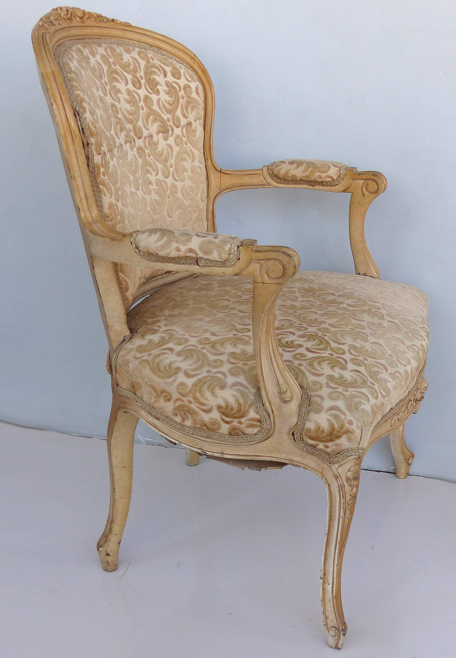 Wood Louis XV Style Provincial Fauteuil Armchairs with Velvet Upholstery, Pair