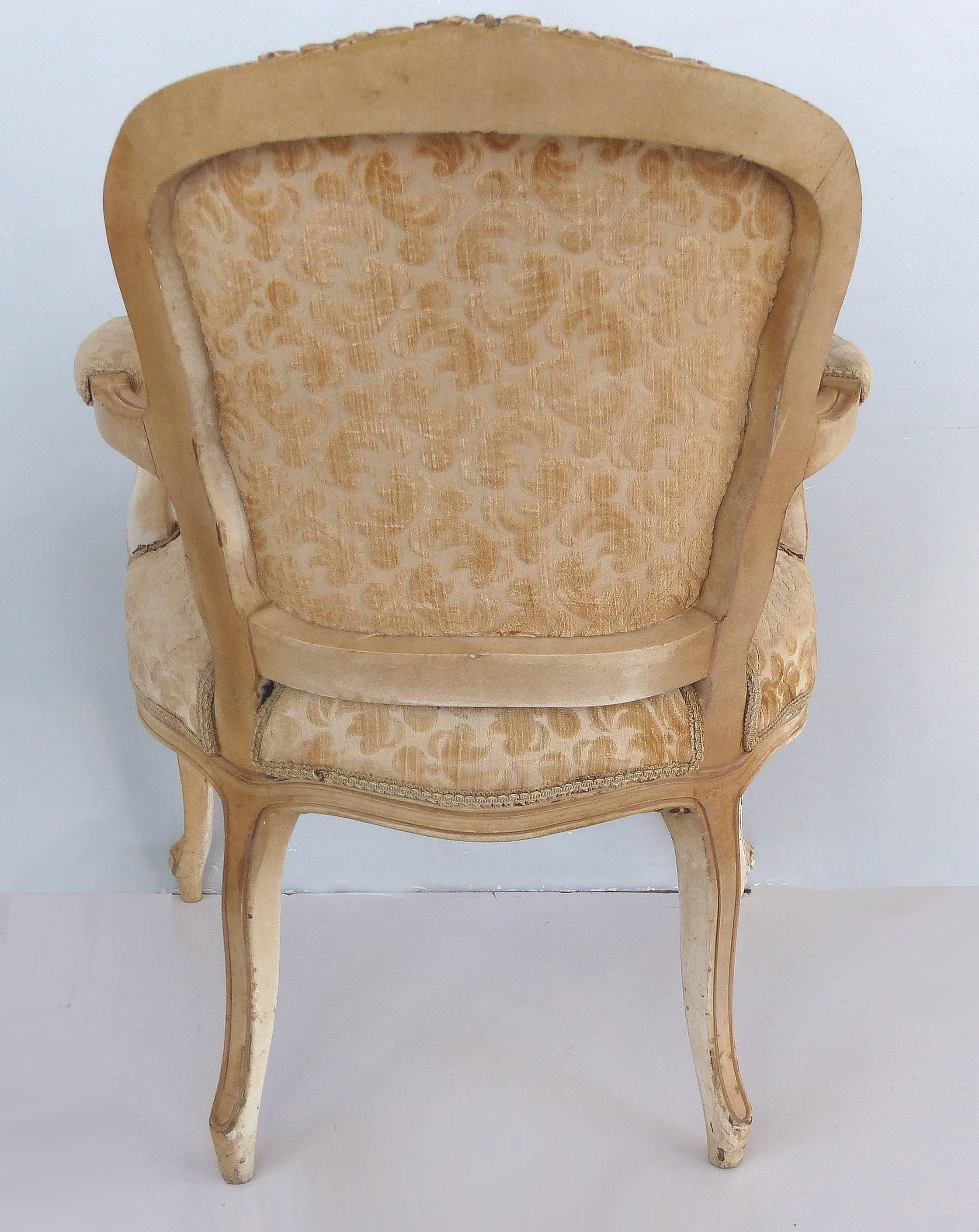 Louis XV Style Provincial Fauteuil Armchairs with Velvet Upholstery, Pair 1