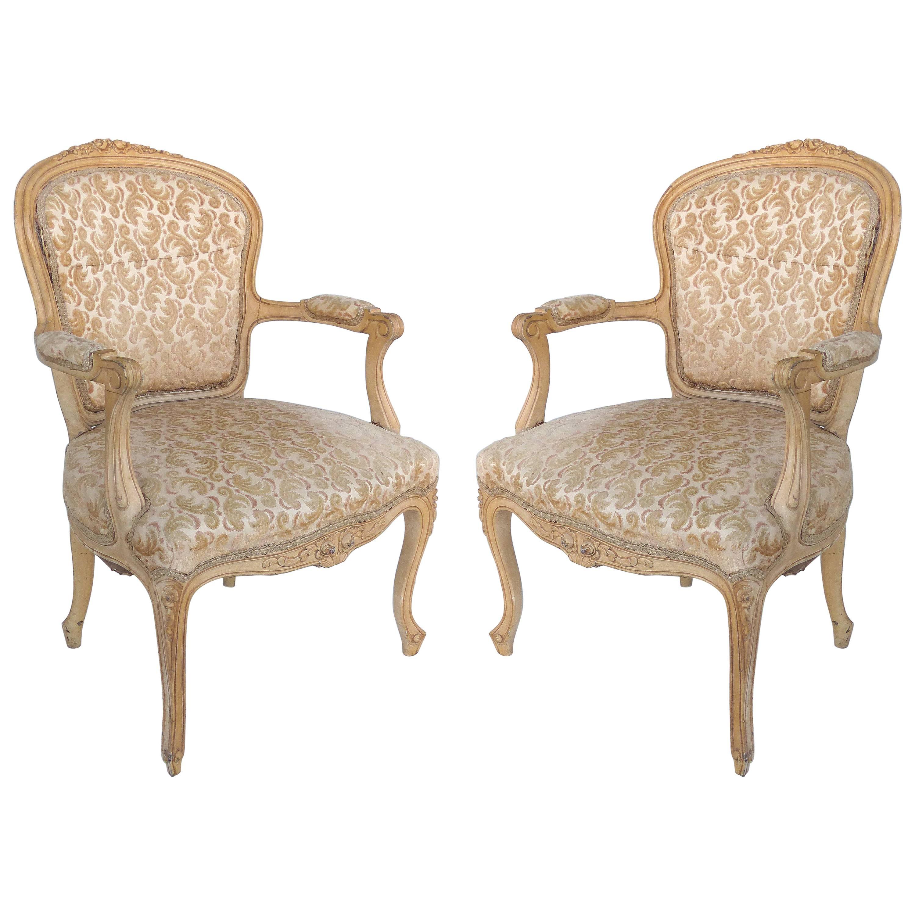 Louis XV Style Provincial Fauteuil Armchairs with Velvet Upholstery, Pair
