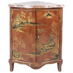 Antique Louis XV Style Red Lacquered Corner Cabinet with Chinese Decor, 20th Century