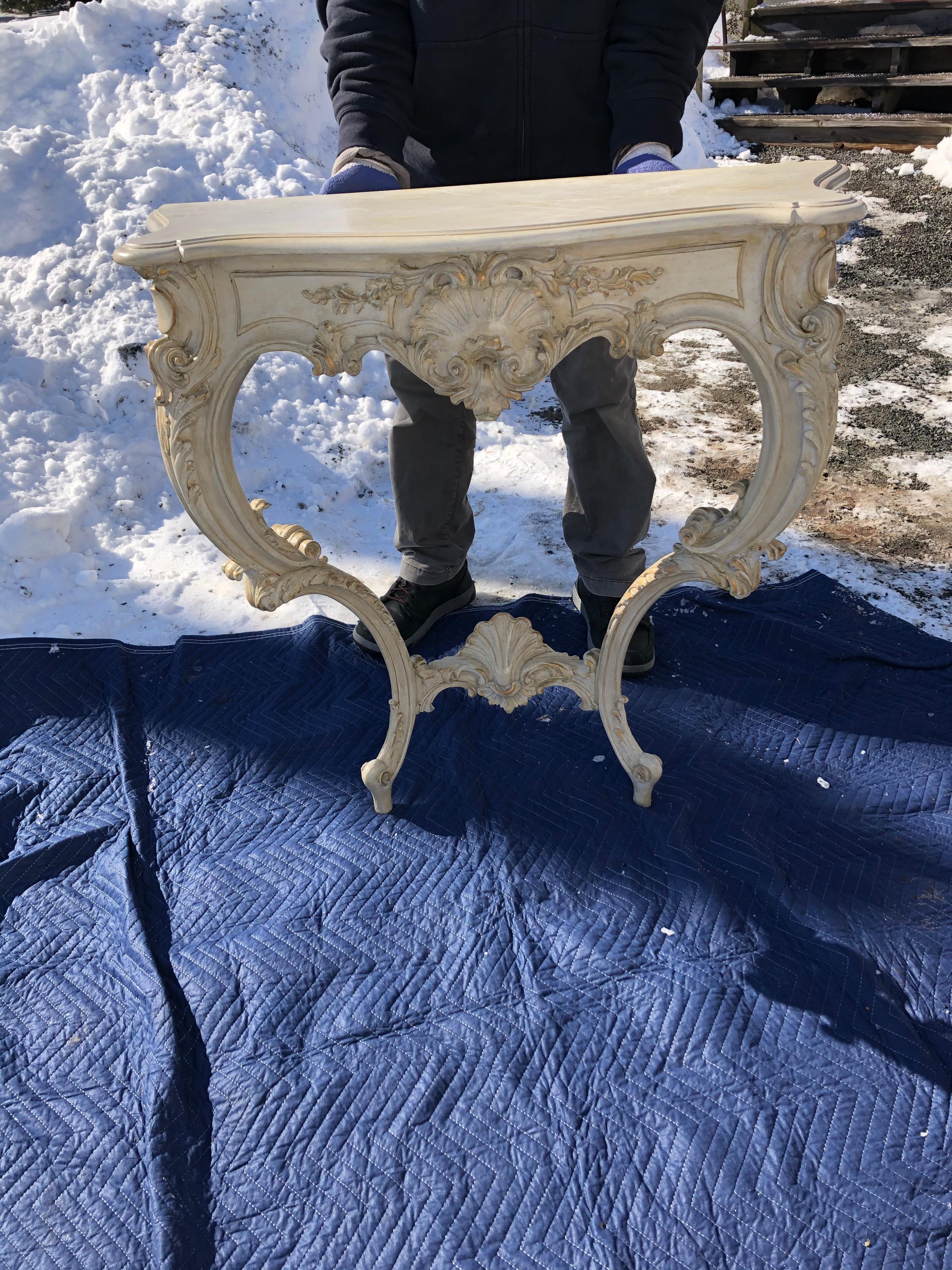 Louis XV Style Relief Carved Antiqued Ivory Painted Parcel-Gilt Console Table For Sale 8